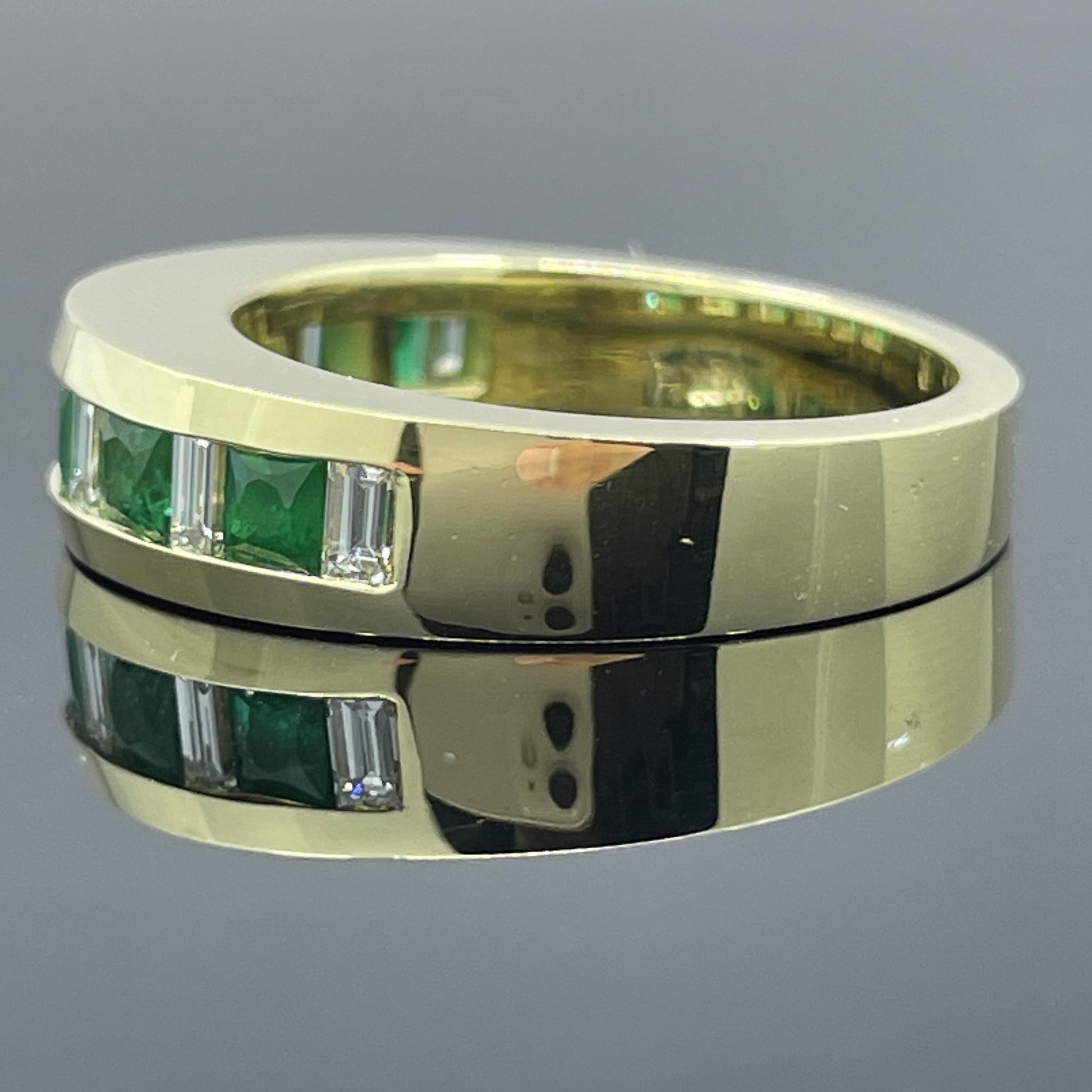 Estate French-Cut Emerald & Diamond Baguette 18k Yellow Gold Band