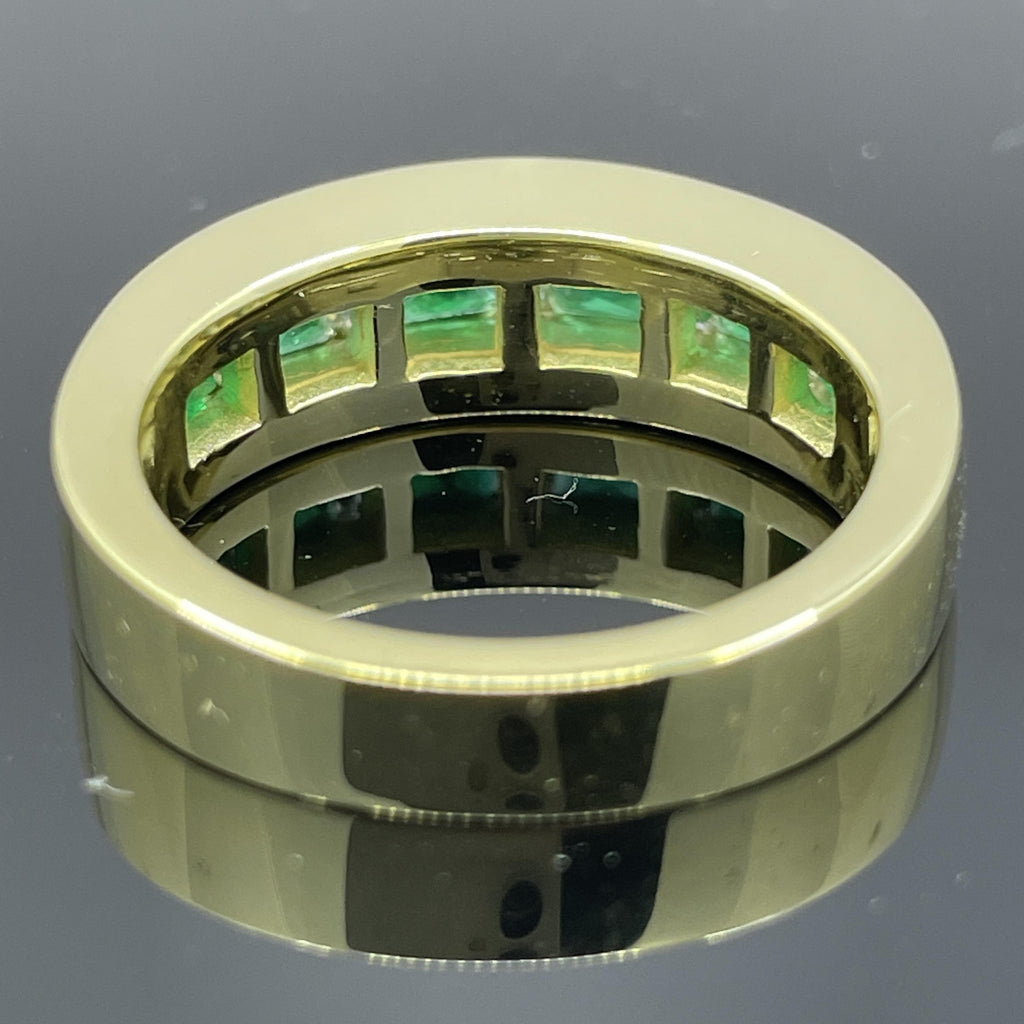 Estate French-Cut Emerald & Diamond Baguette 18k Yellow Gold Band