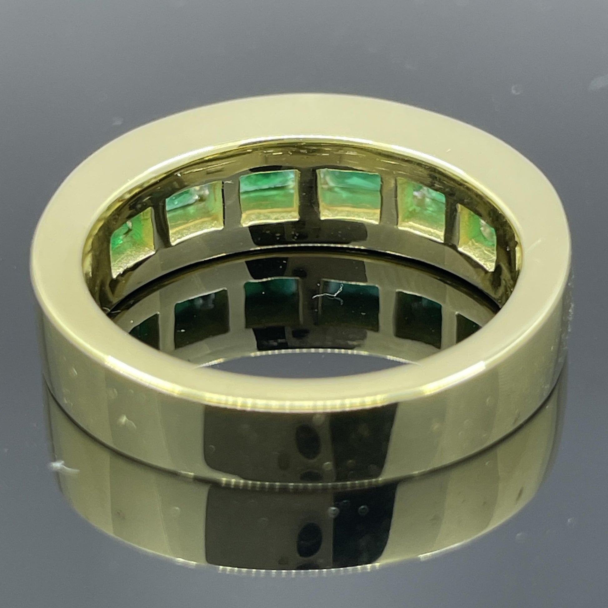 Estate French-Cut Emerald & Diamond Baguette 18k Yellow Gold Band