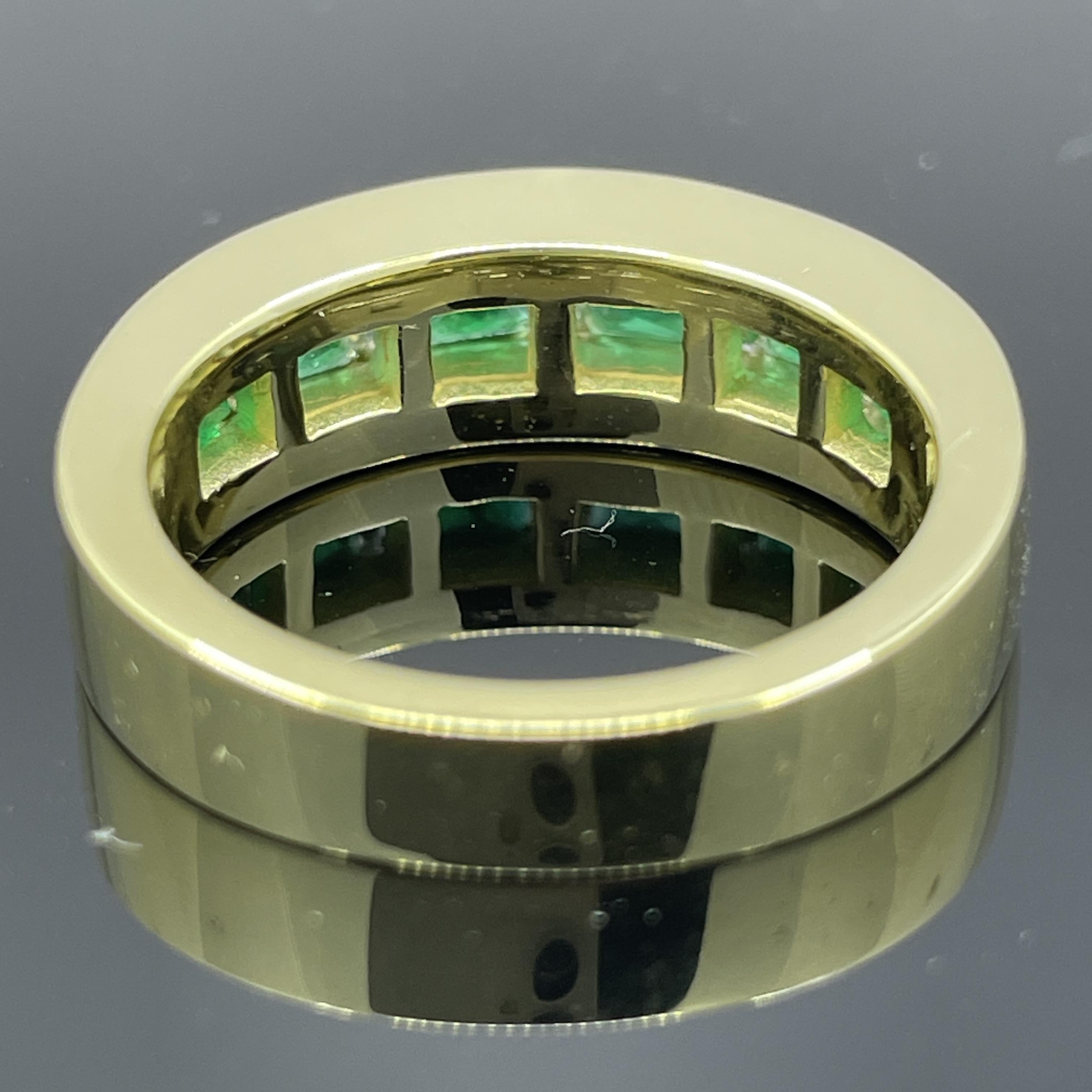 Estate French-Cut Emerald & Diamond Baguette 18k Yellow Gold Band