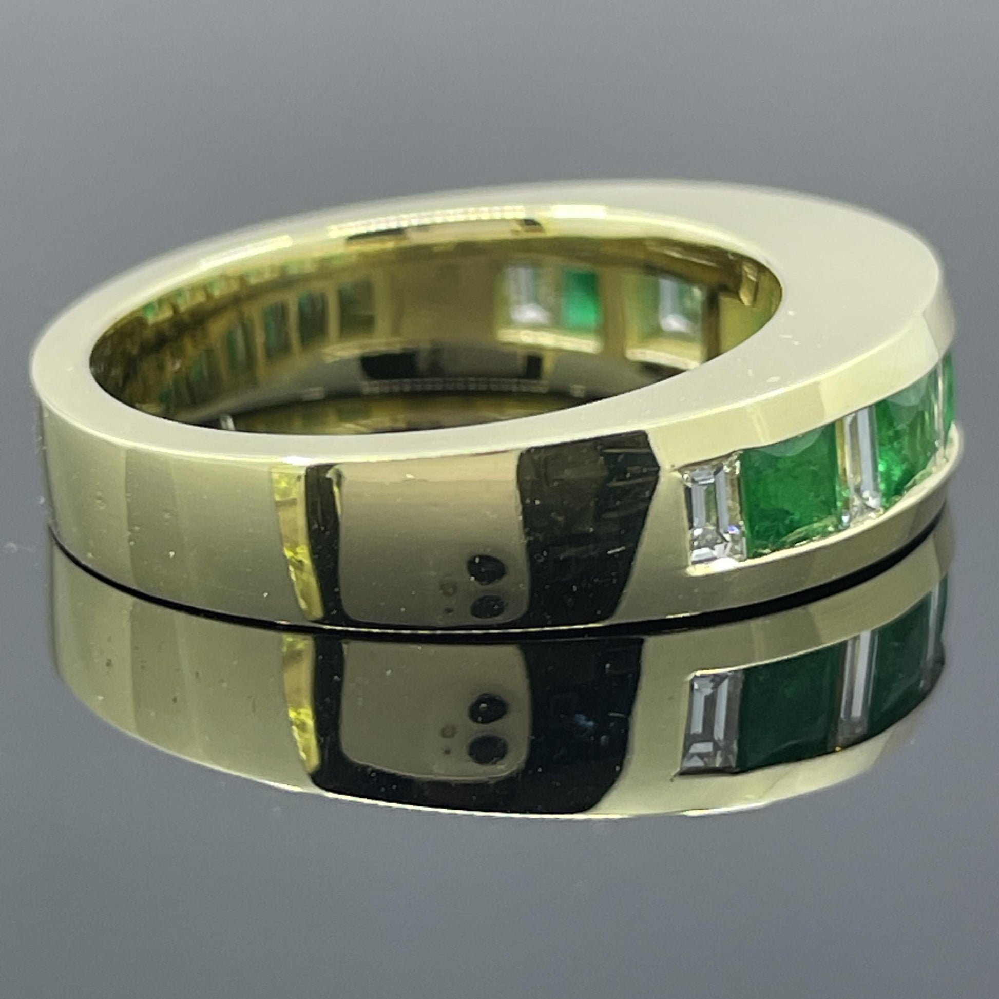 Estate French-Cut Emerald & Diamond Baguette 18k Yellow Gold Band