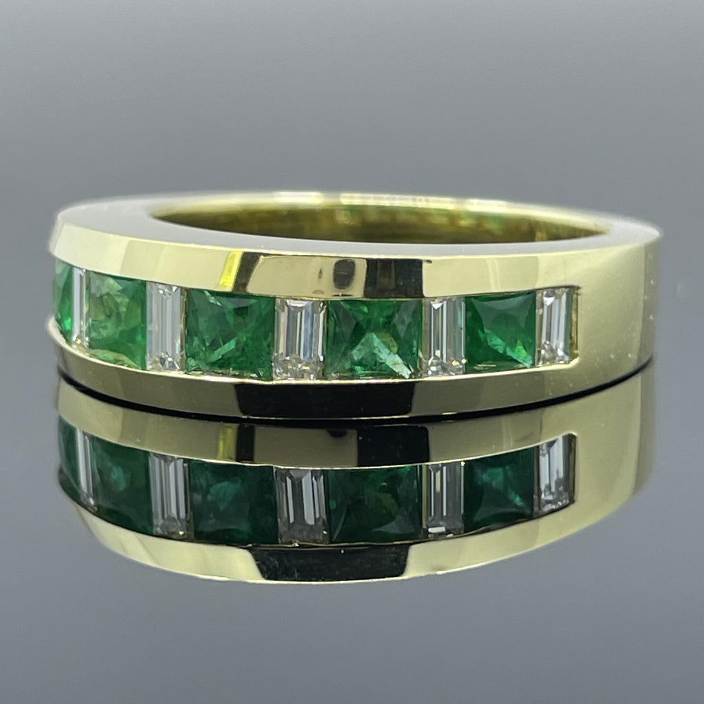 Estate French-Cut Emerald & Diamond Baguette 18k Yellow Gold Band