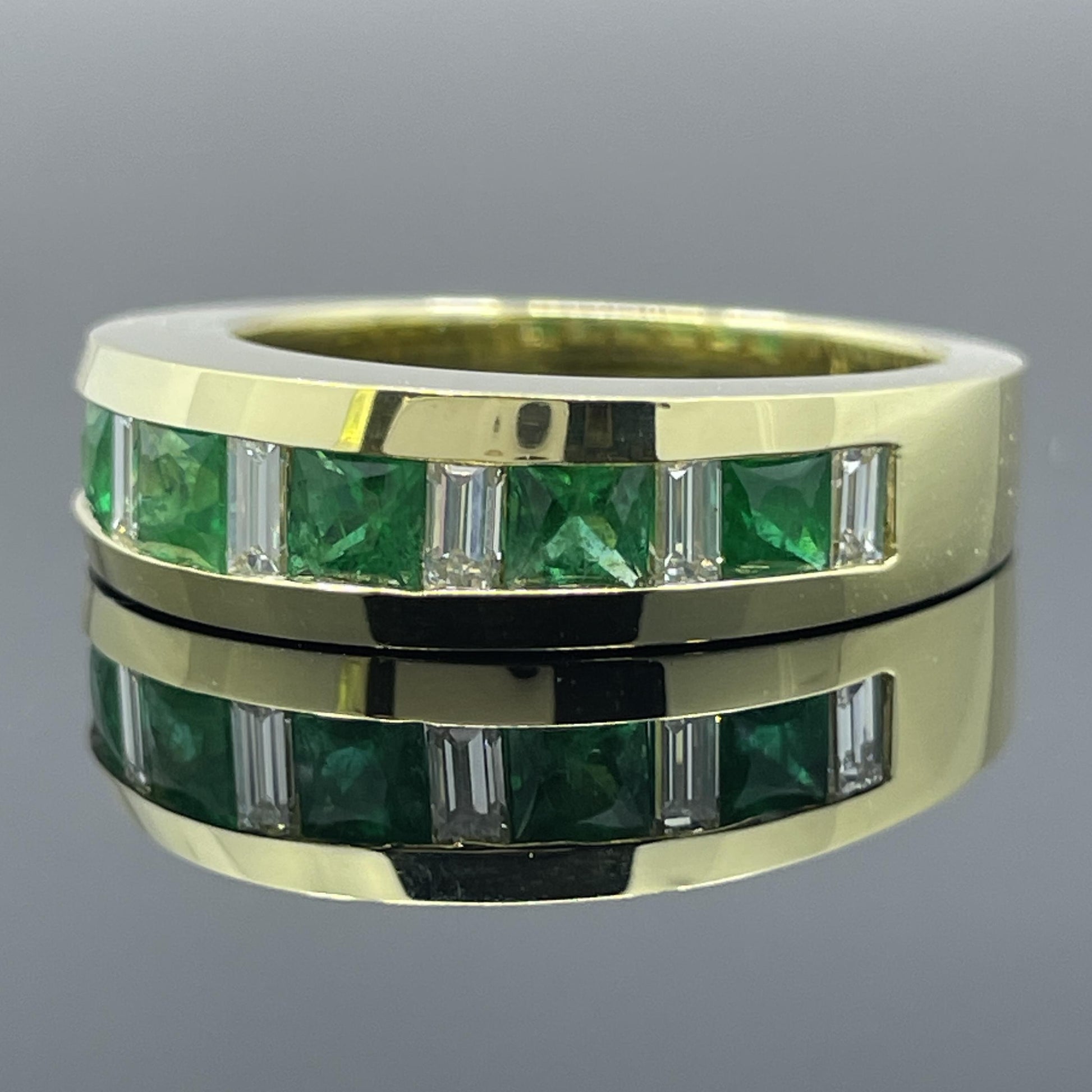 Estate French-Cut Emerald & Diamond Baguette 18k Yellow Gold Band