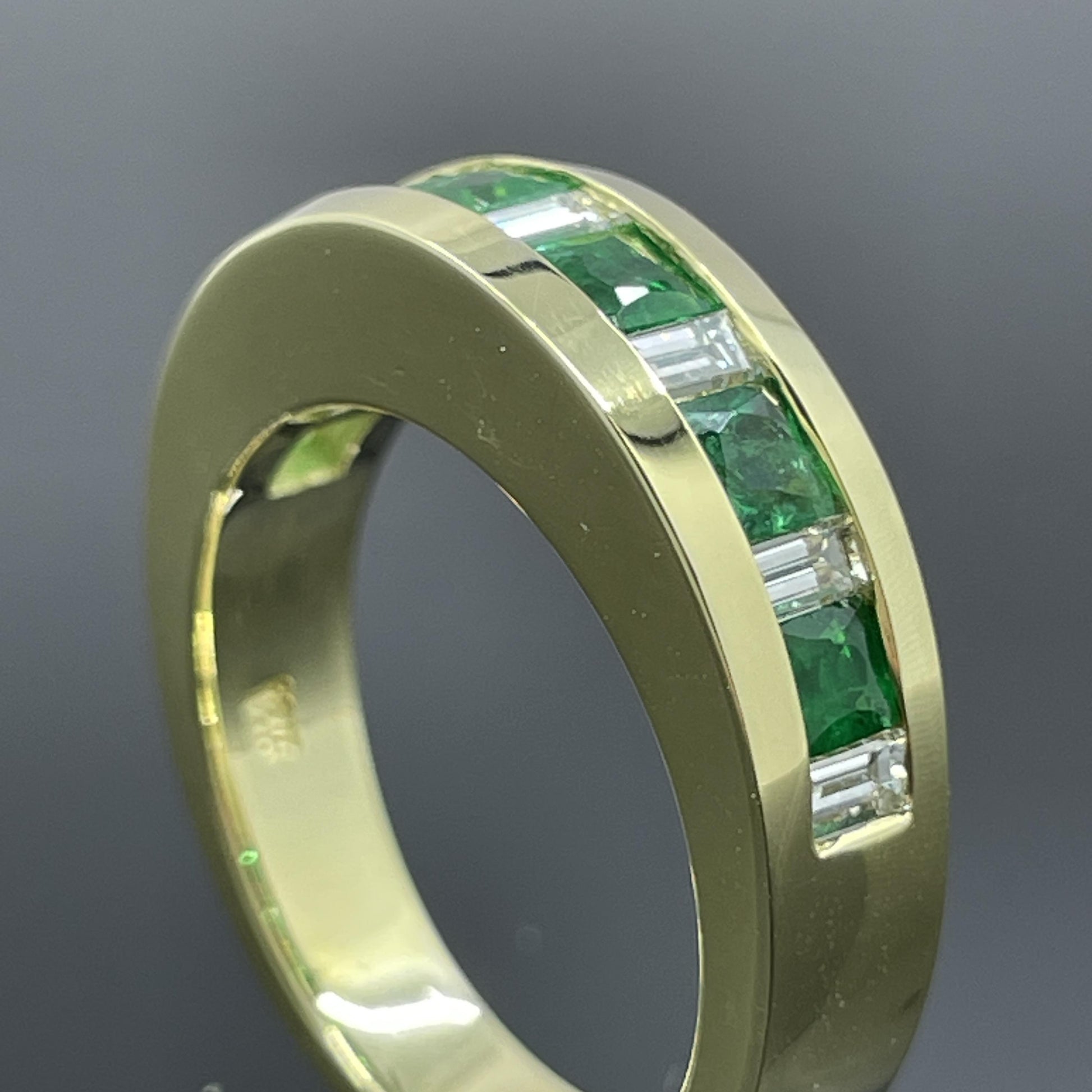 Estate French-Cut Emerald & Diamond Baguette 18k Yellow Gold Band