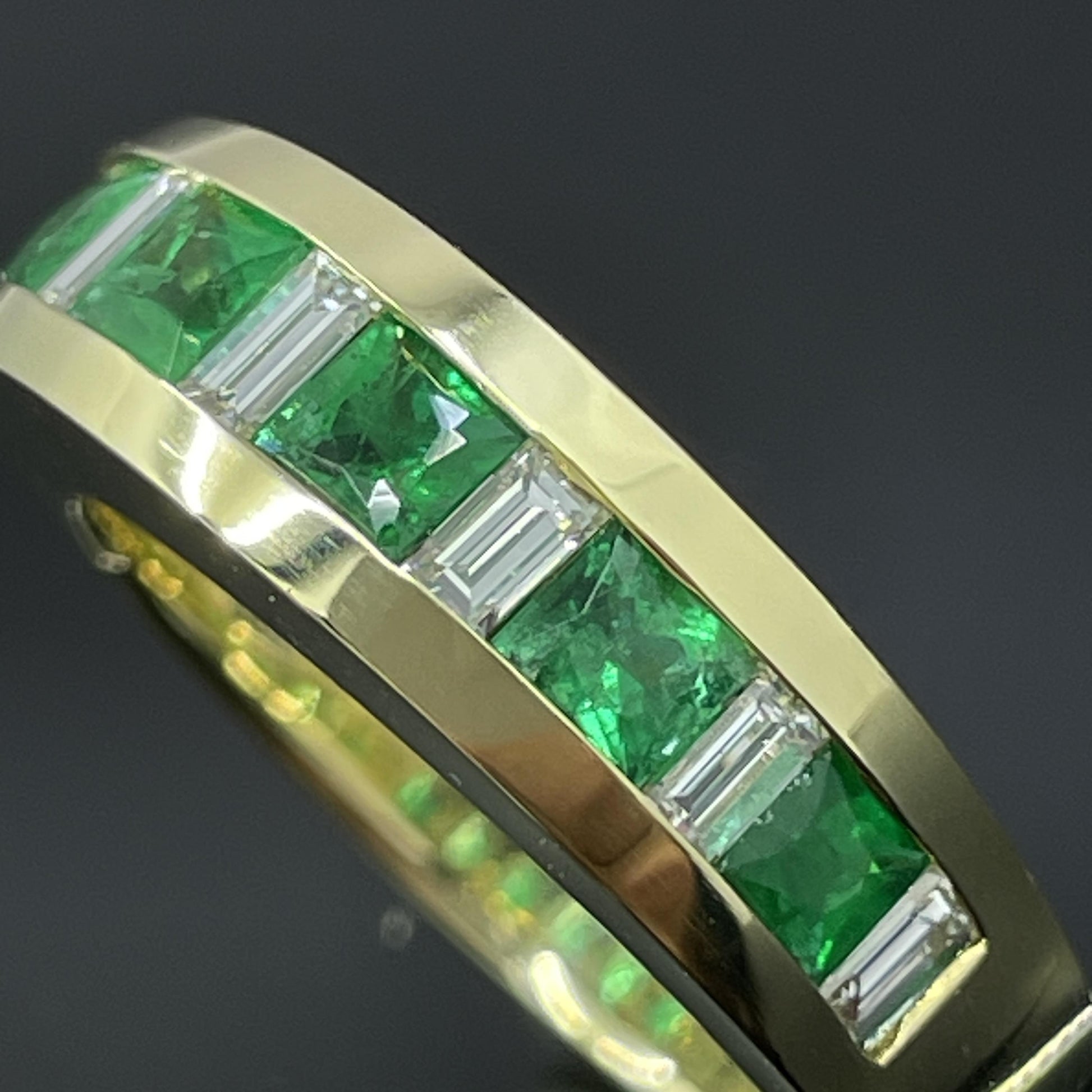 Estate French-Cut Emerald & Diamond Baguette 18k Yellow Gold Band