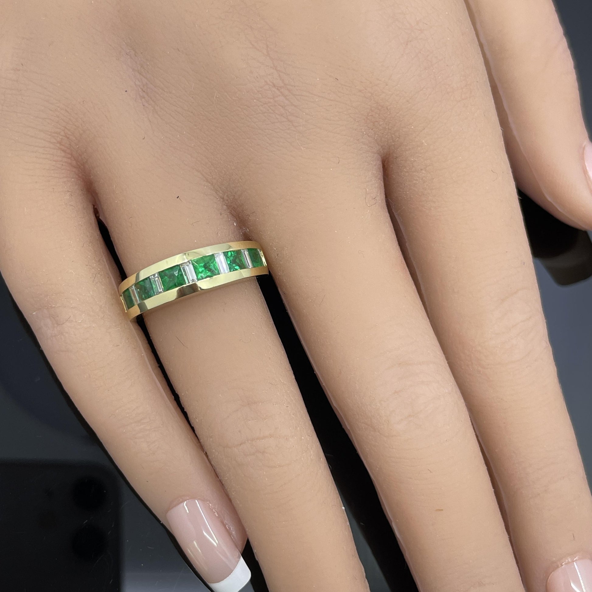 Estate French-Cut Emerald & Diamond Baguette 18k Yellow Gold Band