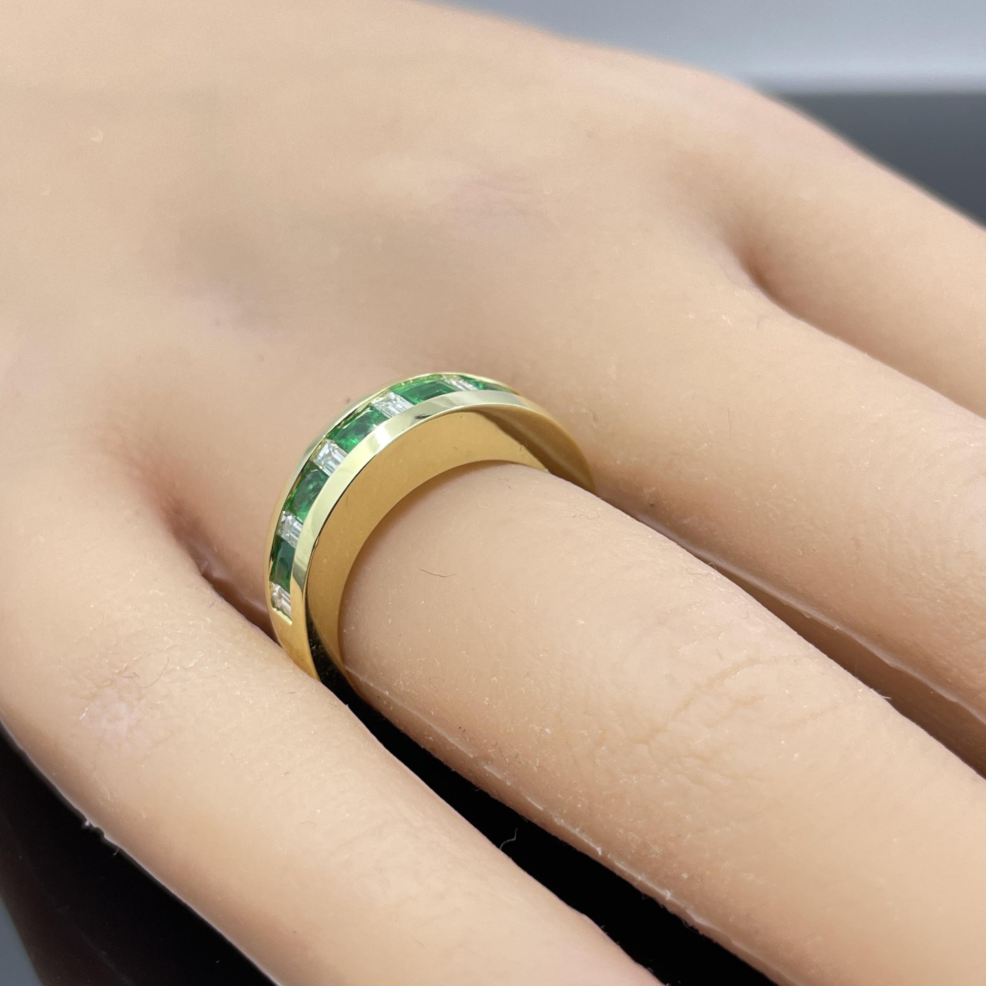 Estate French-Cut Emerald & Diamond Baguette 18k Yellow Gold Band