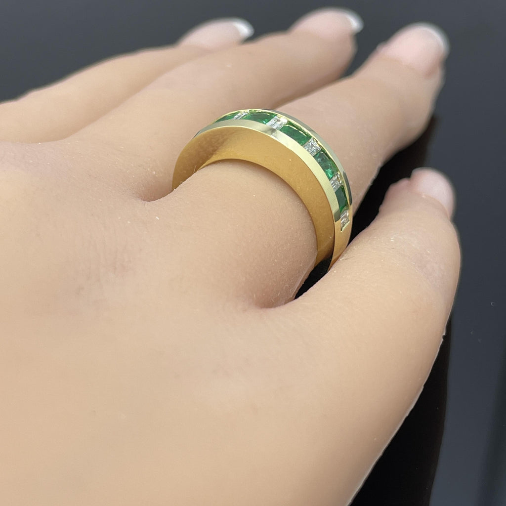 Estate French-Cut Emerald & Diamond Baguette 18k Yellow Gold Band