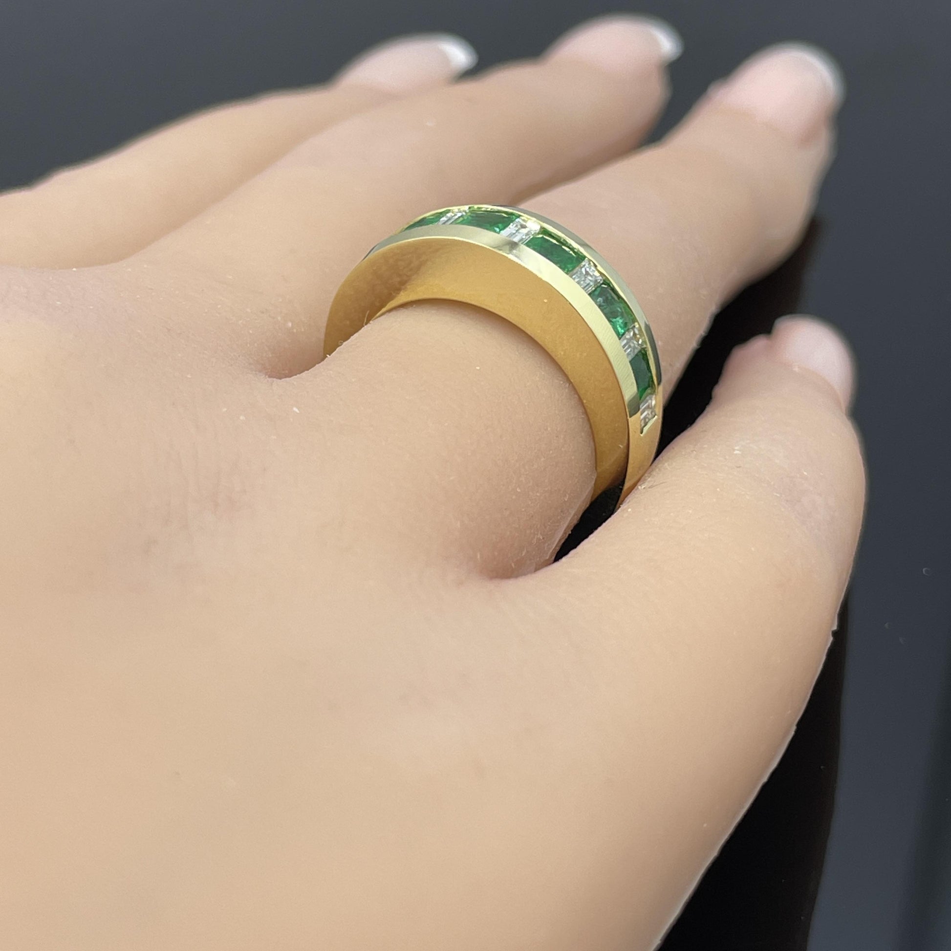 Estate French-Cut Emerald & Diamond Baguette 18k Yellow Gold Band