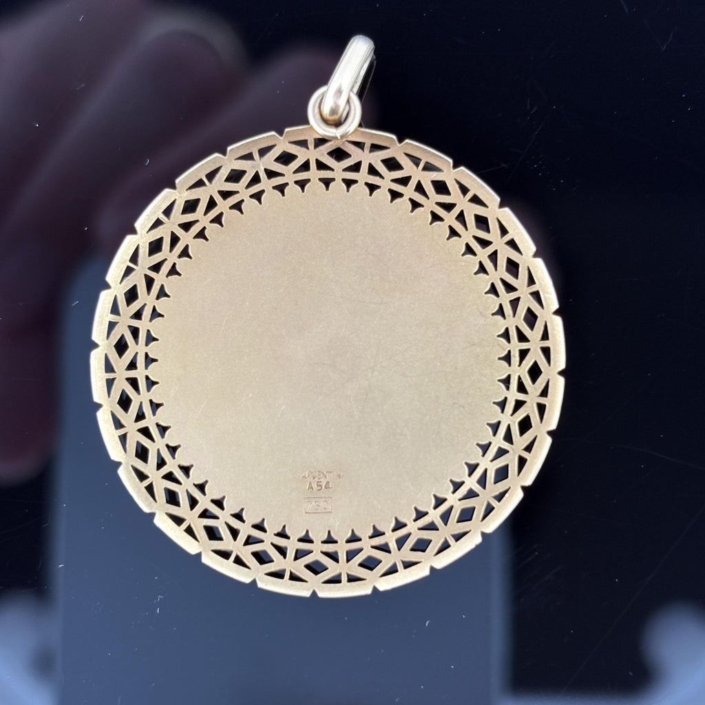Vintage Large Blessed Virgin Mary Pendant 18k Yellow Gold - 36mm