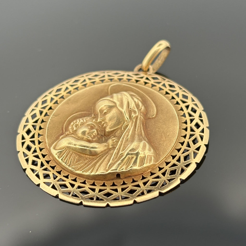 Vintage Large Blessed Virgin Mary Pendant 18k Yellow Gold - 36mm