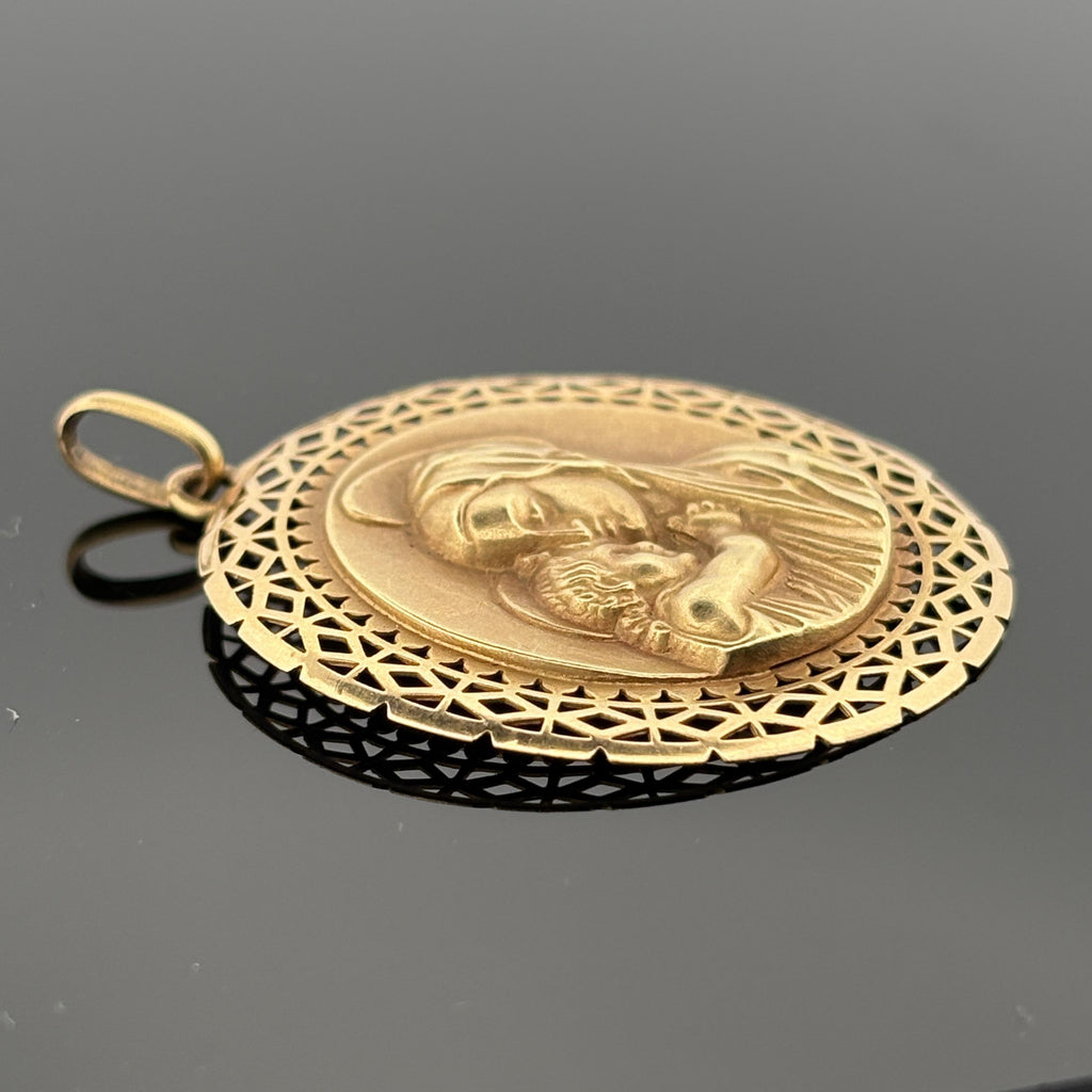 Vintage Large Blessed Virgin Mary Pendant 18k Yellow Gold - 36mm
