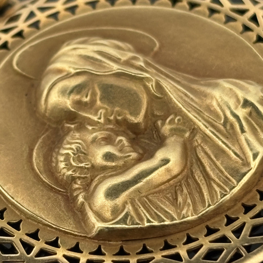 Vintage Large Blessed Virgin Mary Pendant 18k Yellow Gold - 36mm