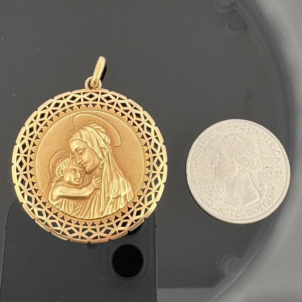 Vintage Large Blessed Virgin Mary Pendant 18k Yellow Gold - 36mm