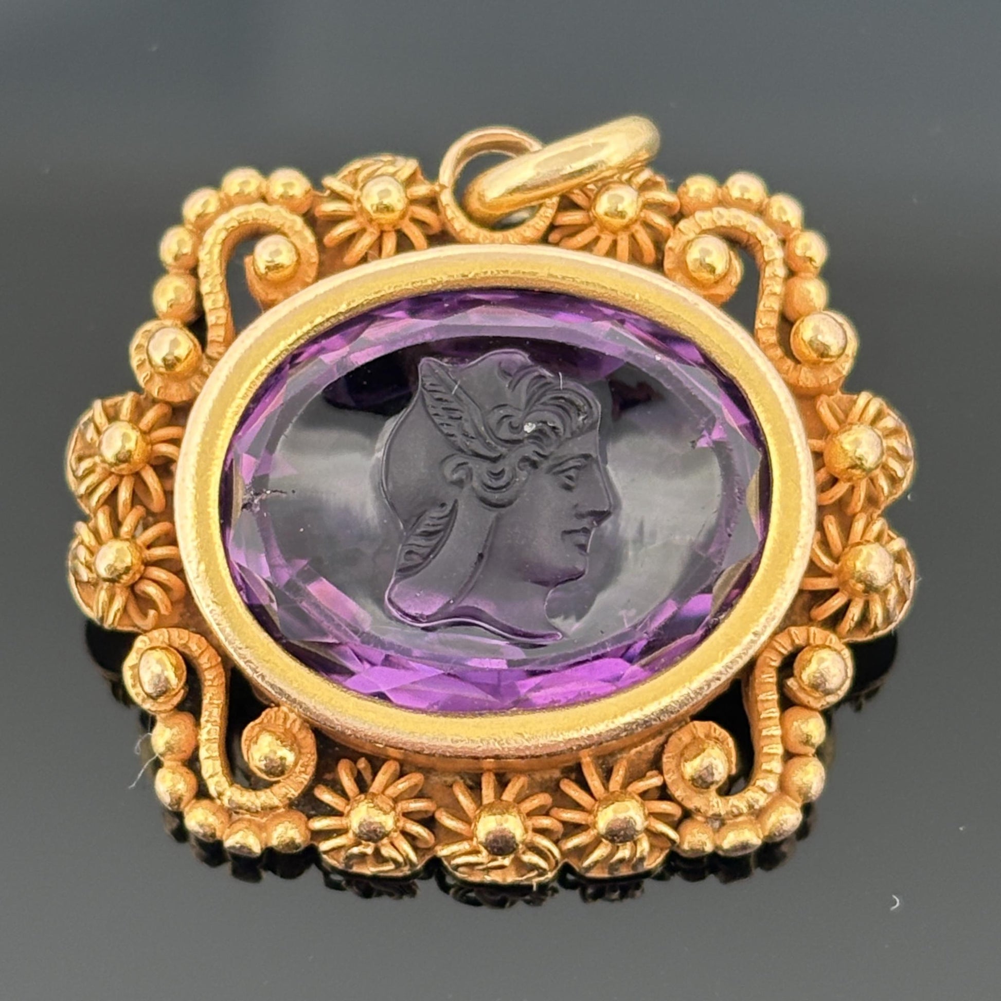 Antique Victorian Amethyst Mercury Cameo Pendant 14k Yellow Gold
