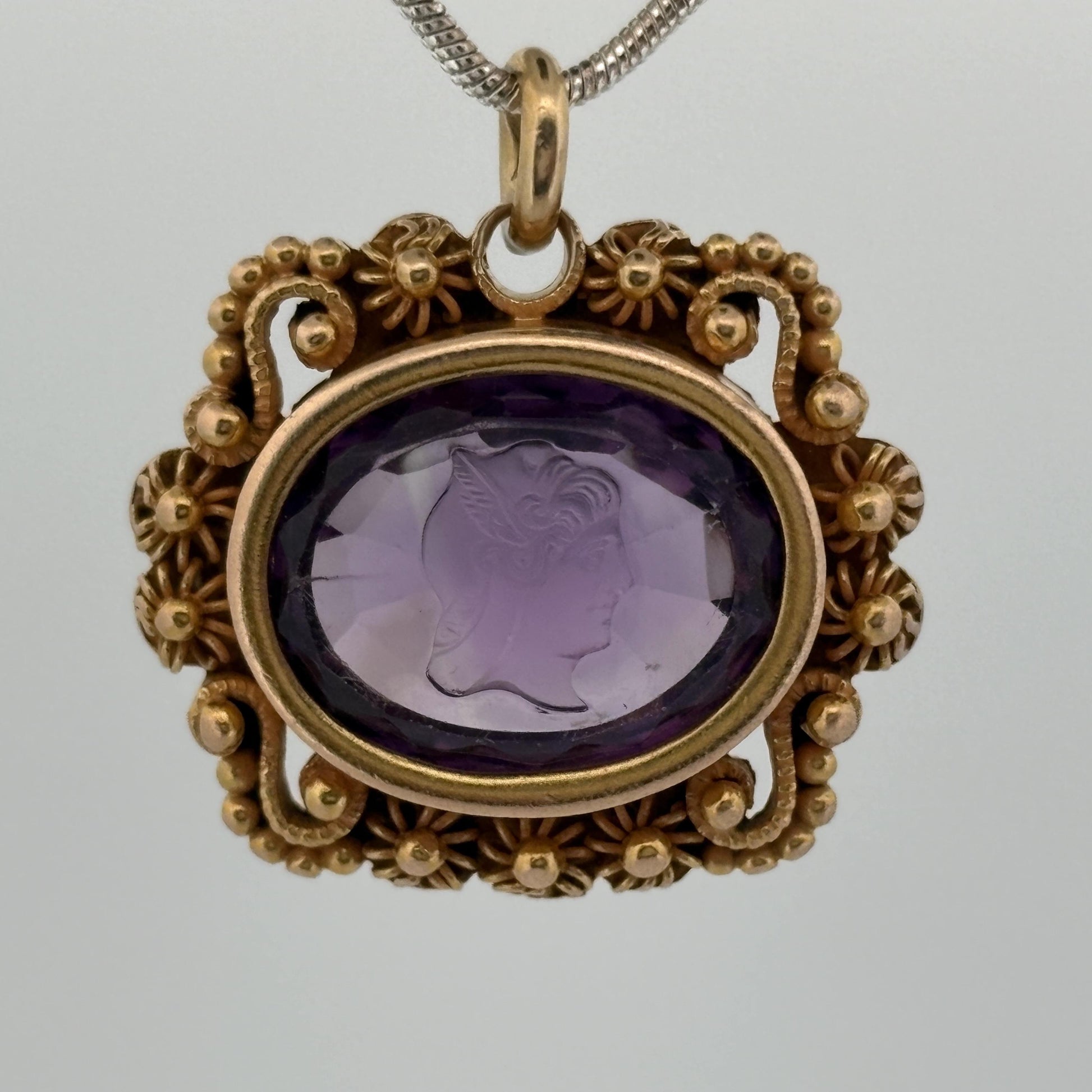 Antique Victorian Amethyst Mercury Cameo Pendant 14k Yellow Gold