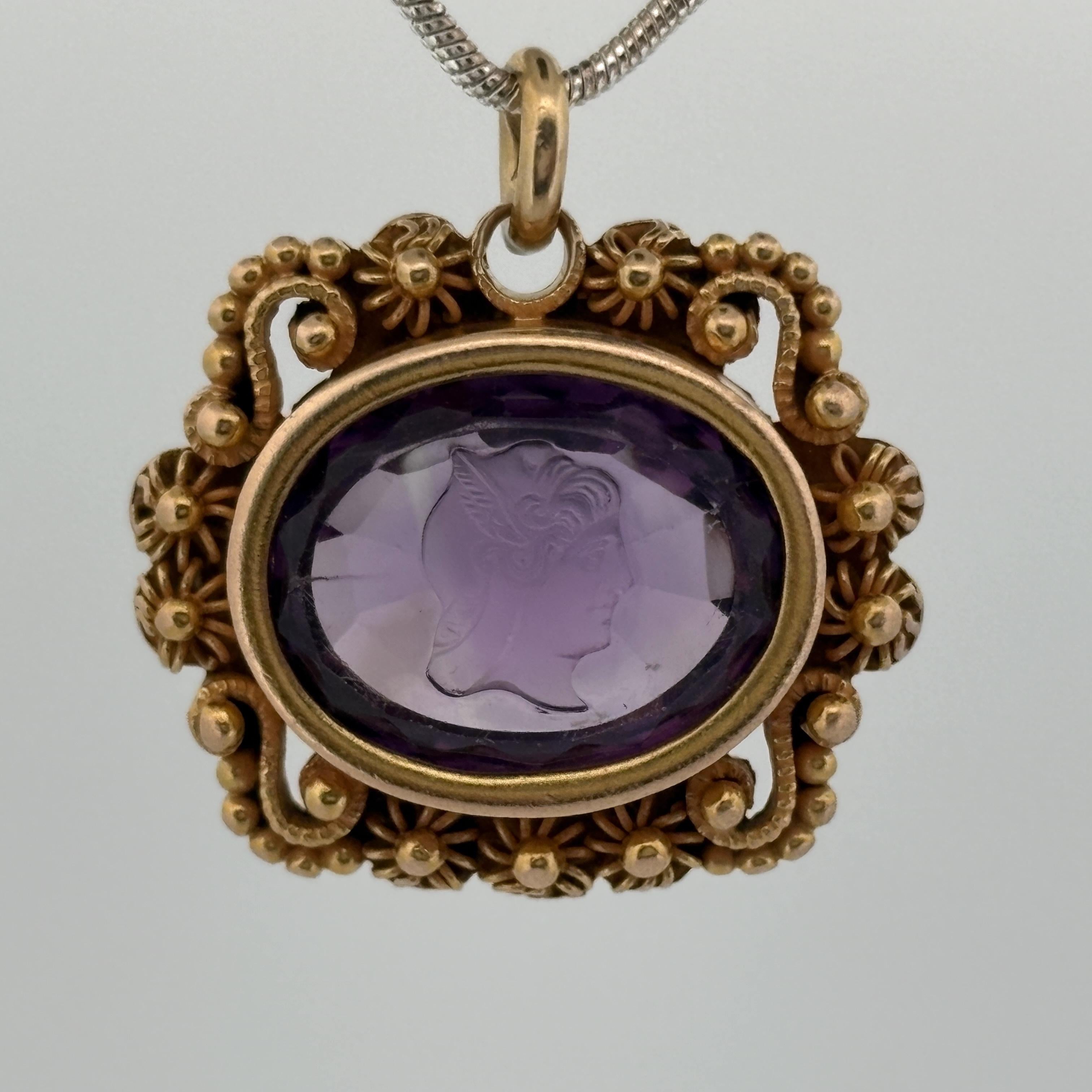 Antique Victorian Amethyst Mercury Cameo Pendant 14k Yellow Gold