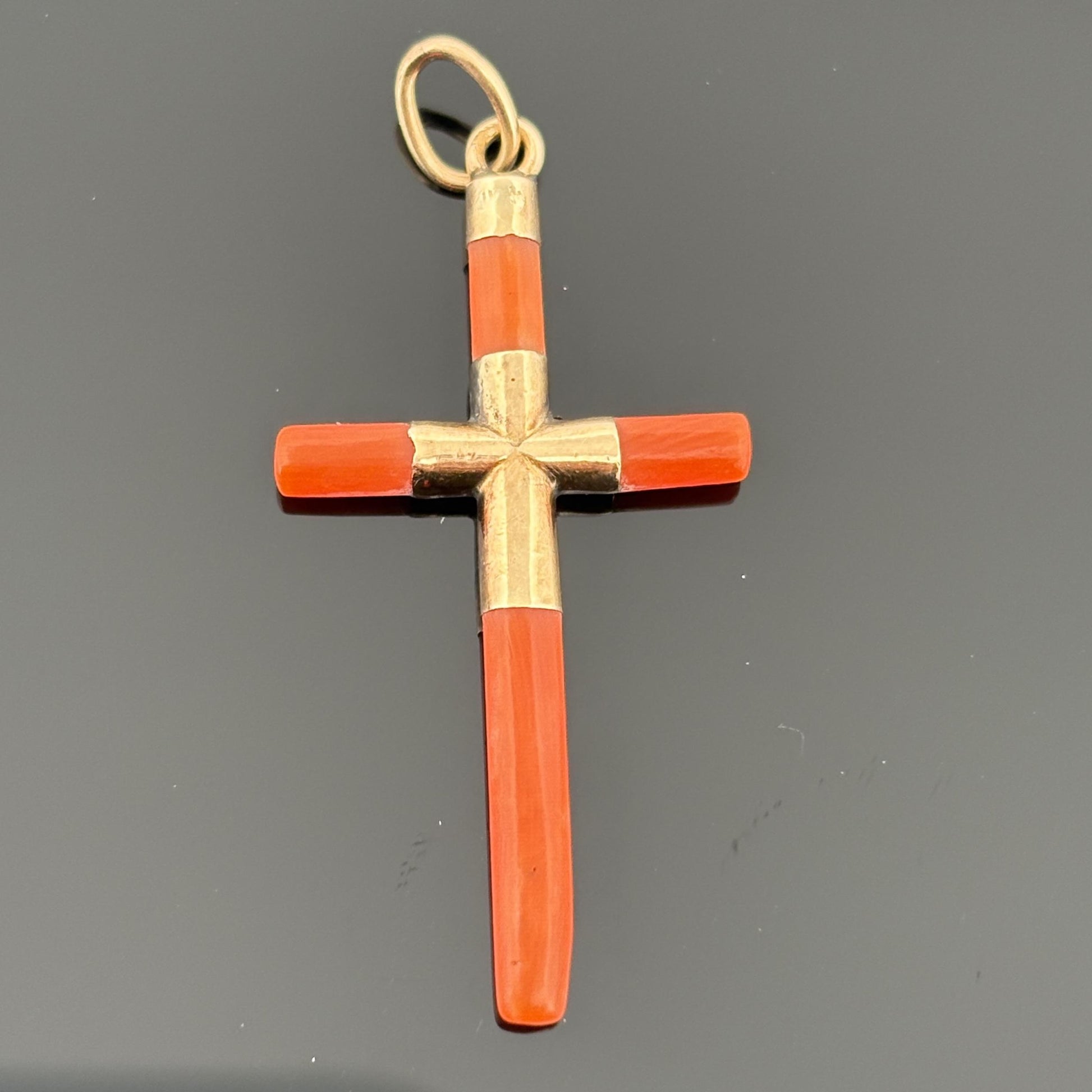 Vintage Coral Cross Pendant 18k Yellow Gold 1.5"