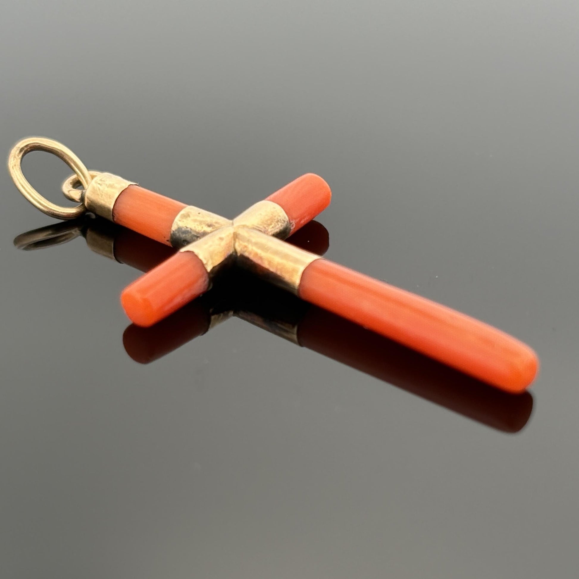 Vintage Coral Cross Pendant 18k Yellow Gold 1.5"