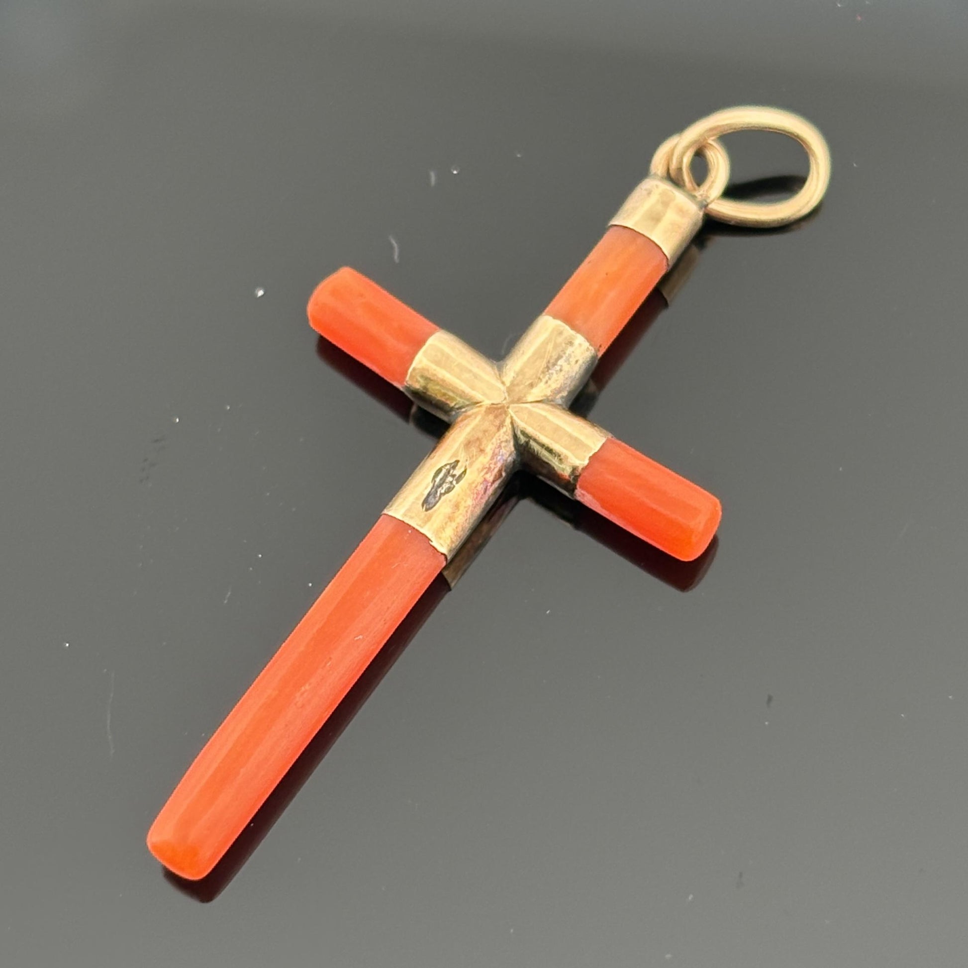 Vintage Coral Cross Pendant 18k Yellow Gold 1.5"
