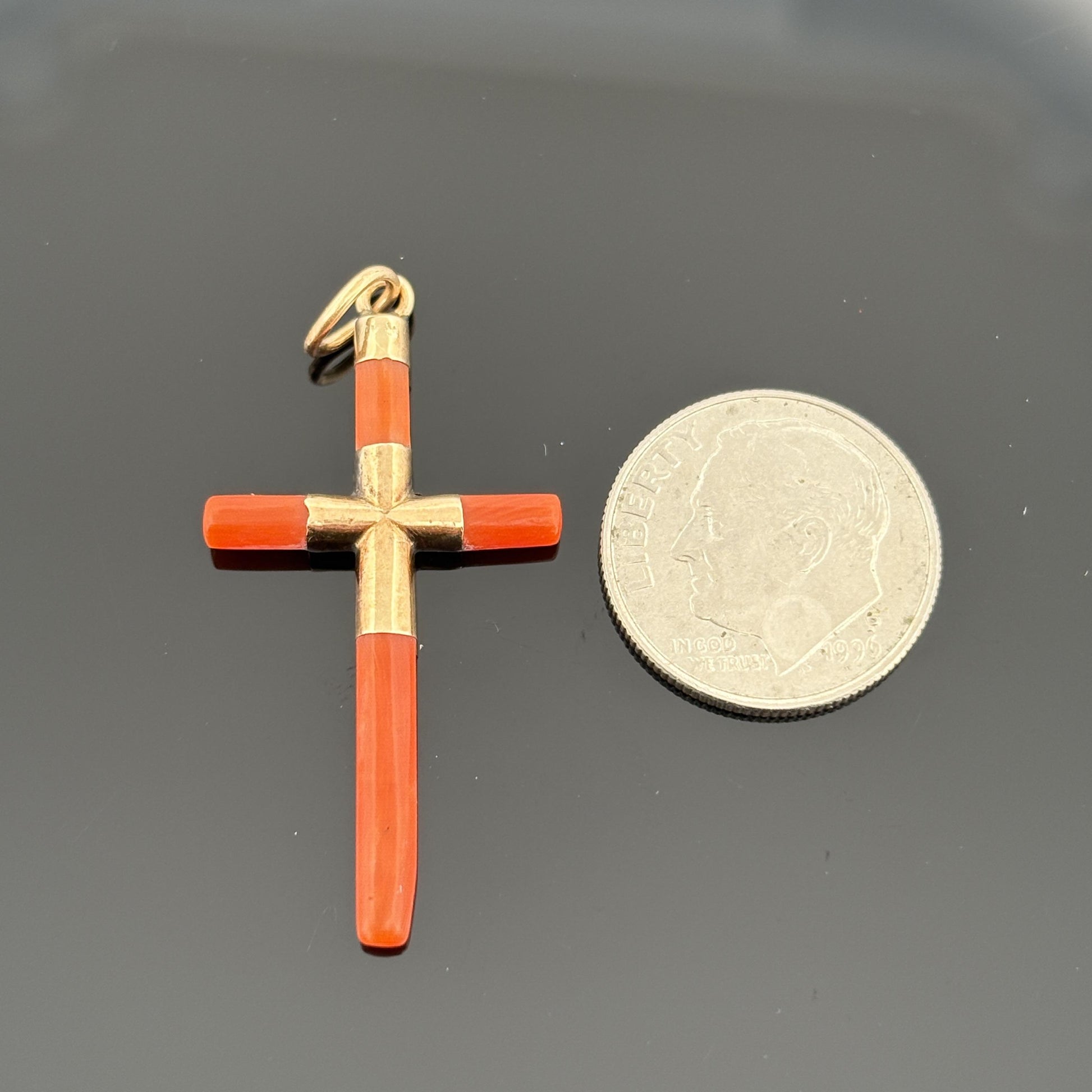 Vintage Coral Cross Pendant 18k Yellow Gold 1.5"