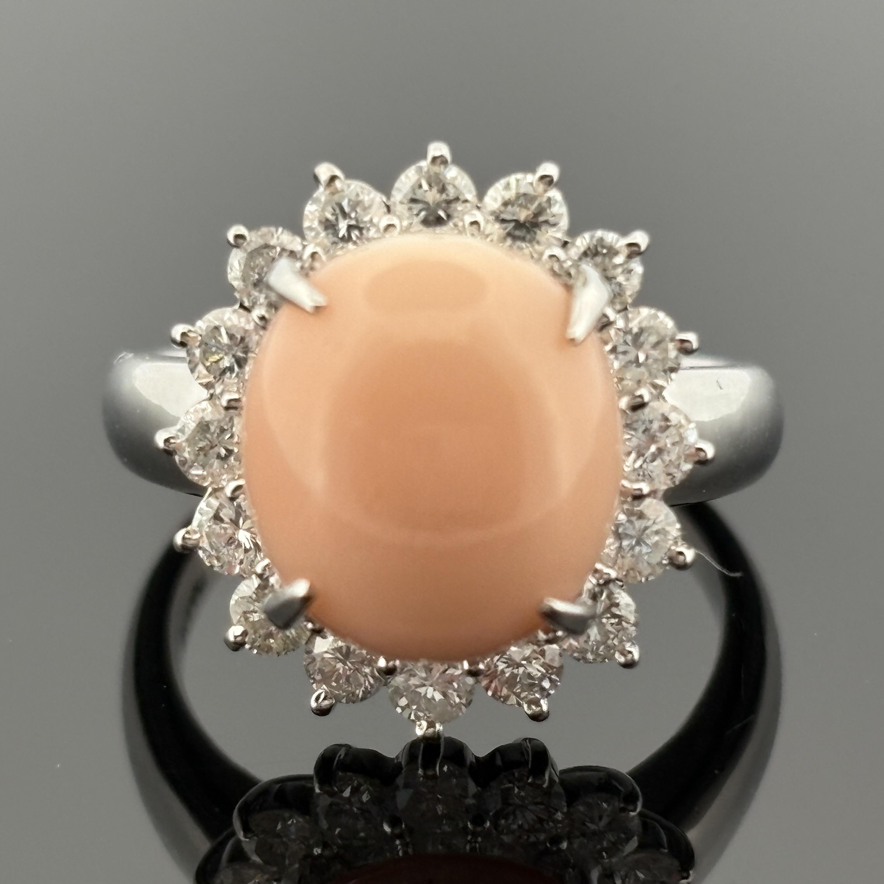 Estate Coral & Halo Diamond Platinum Ring