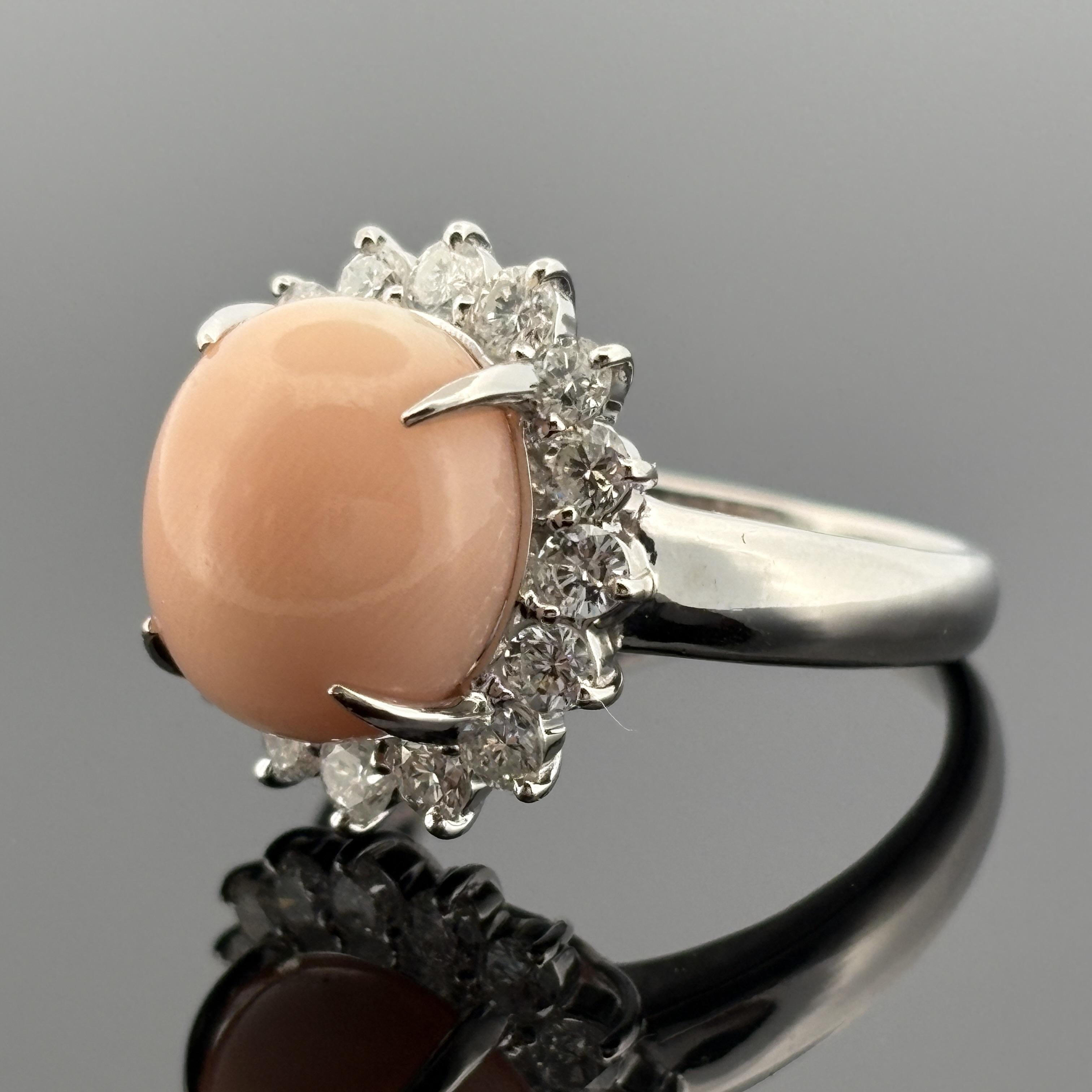 Estate Coral & Halo Diamond Platinum Ring