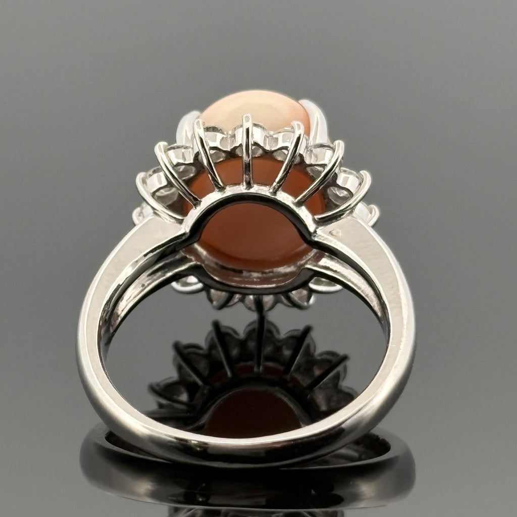 Estate Coral & Halo Diamond Platinum Ring