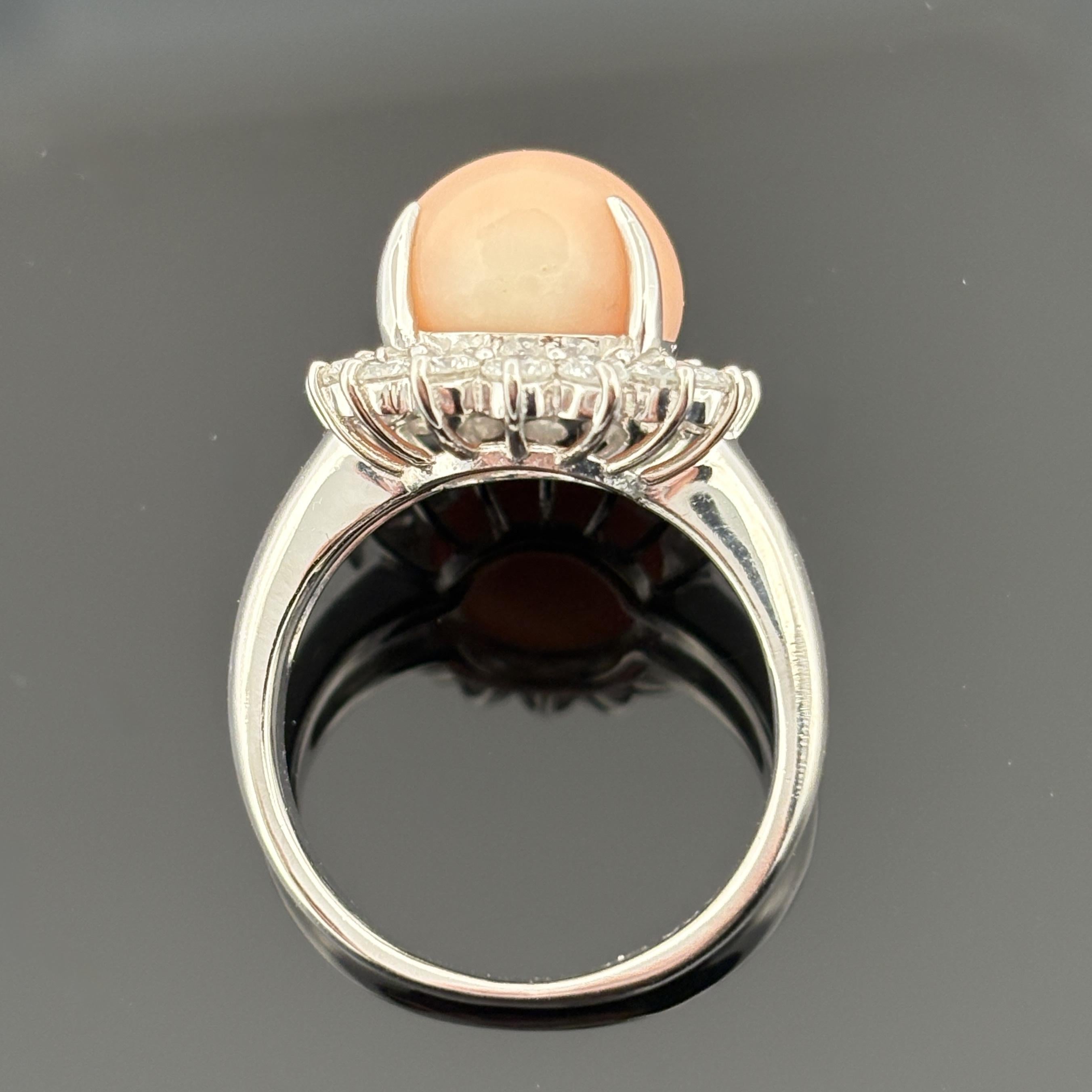 Estate Coral & Halo Diamond Platinum Ring