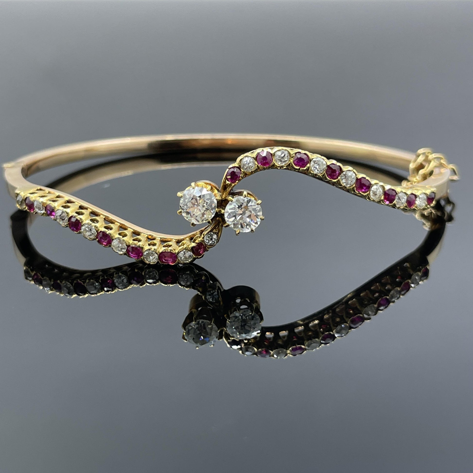 Antique Victorian Diamond & Ruby Bypass Bangle Bracelet 14k Rose Gold