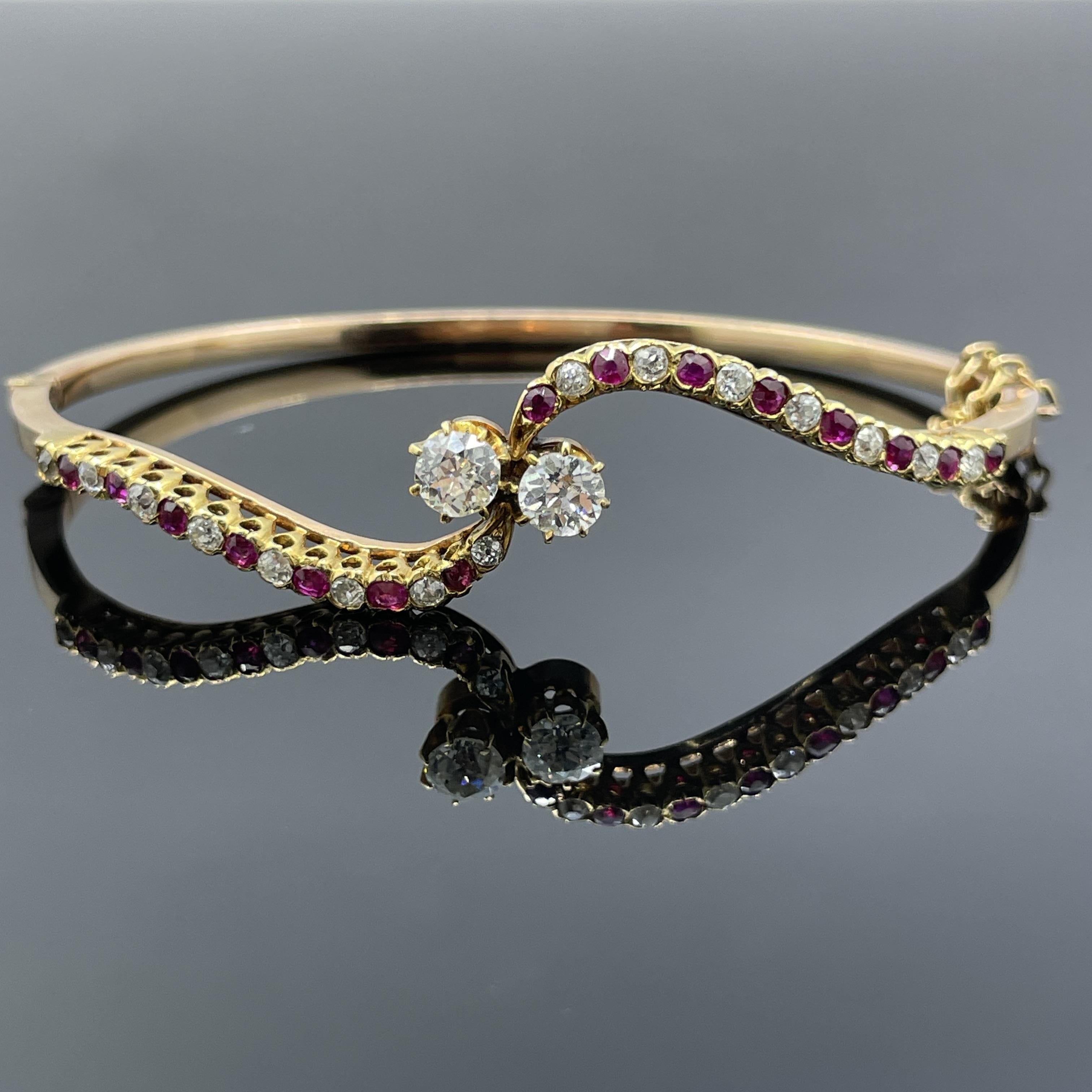 Antique Victorian Diamond & Ruby Bypass Bangle Bracelet 14k Rose Gold