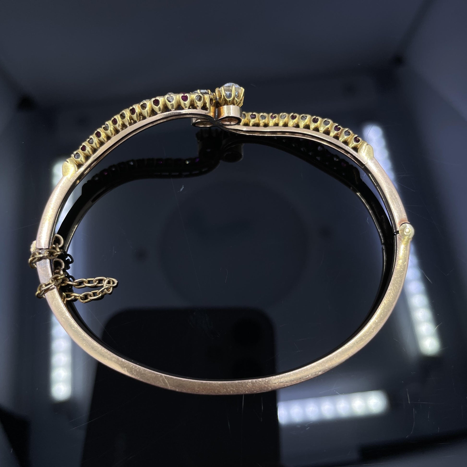 Antique Victorian Diamond & Ruby Bypass Bangle Bracelet 14k Rose Gold