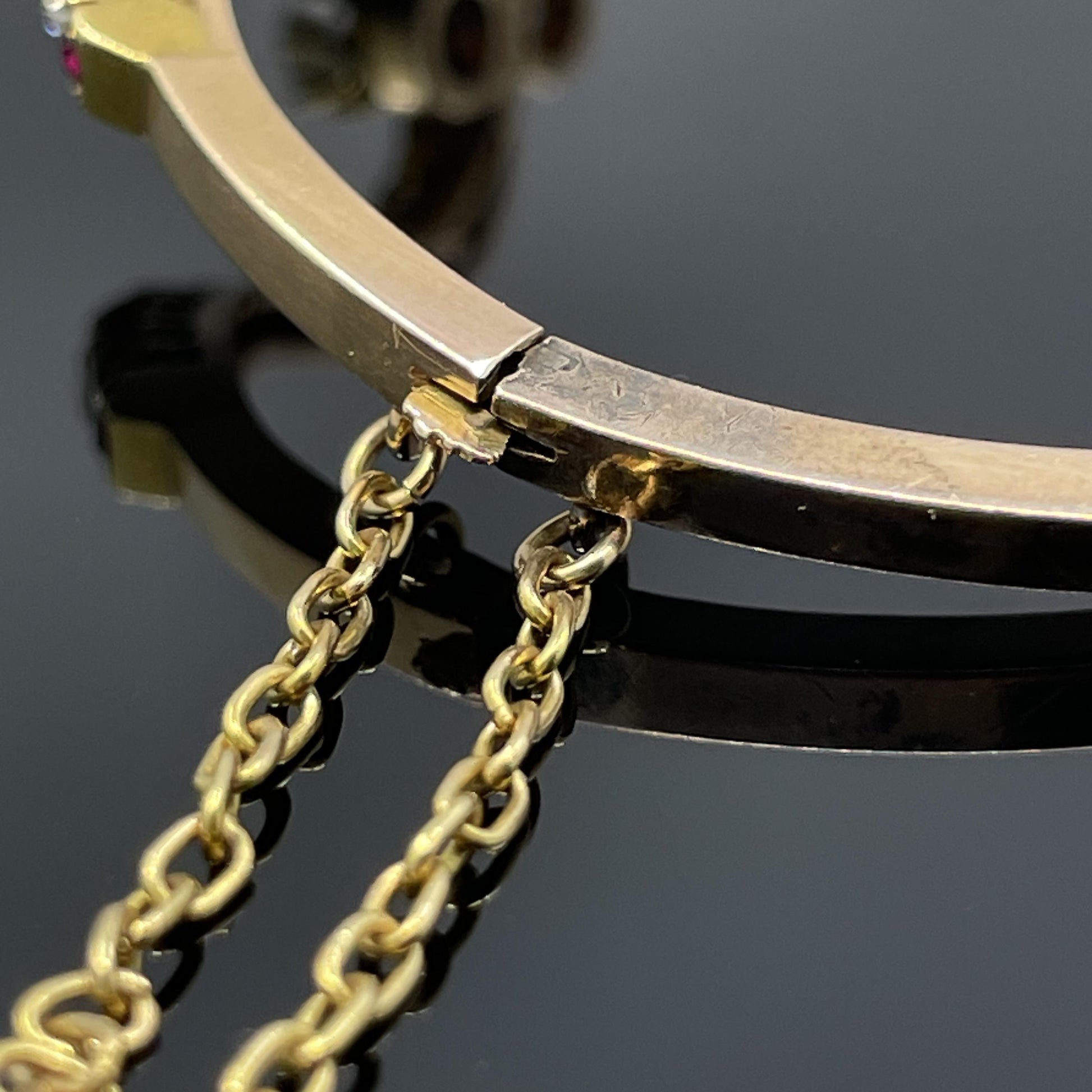 Antique Victorian Diamond & Ruby Bypass Bangle Bracelet 14k Rose Gold