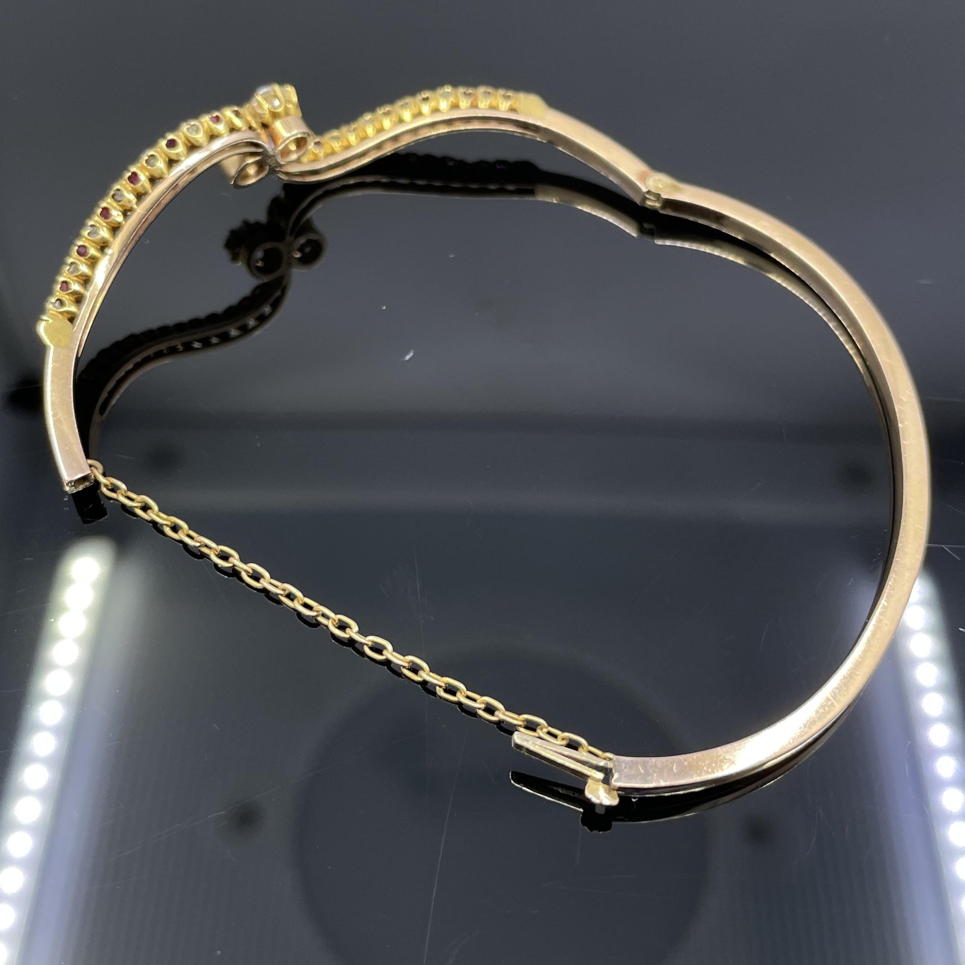 Antique Victorian Diamond & Ruby Bypass Bangle Bracelet 14k Rose Gold