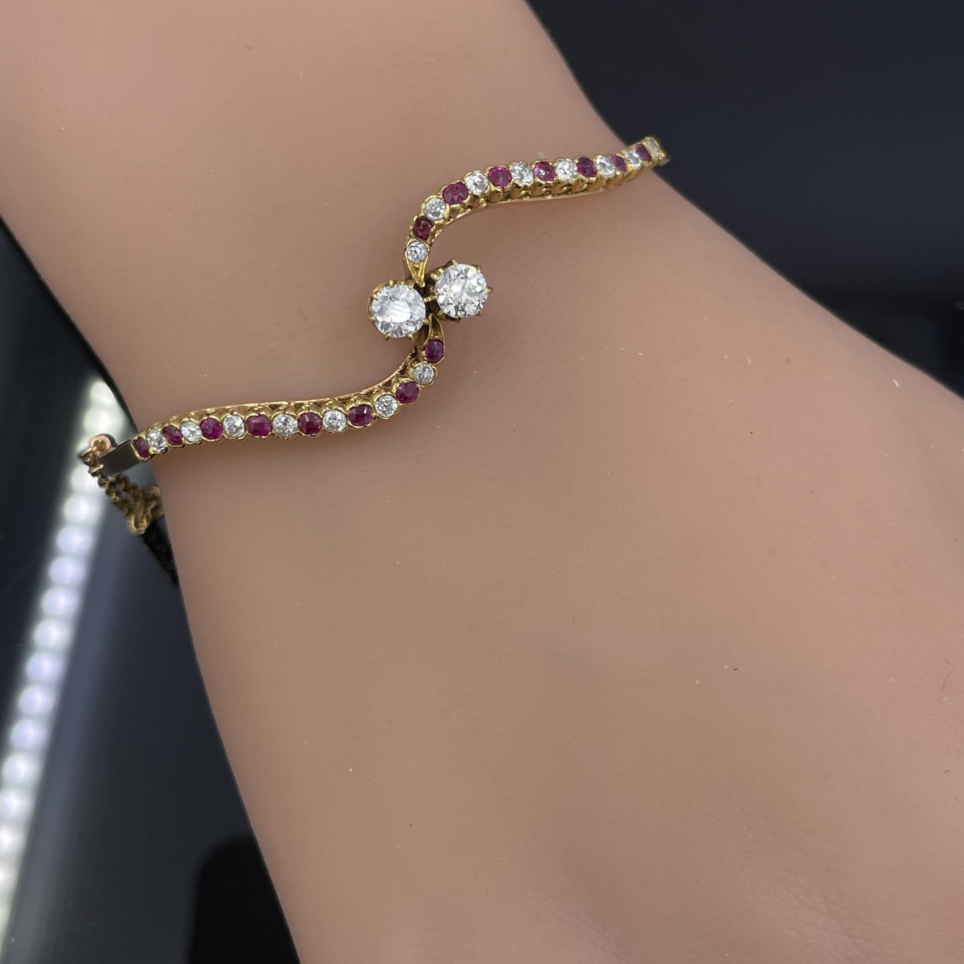 Antique Victorian Diamond & Ruby Bypass Bangle Bracelet 14k Rose Gold