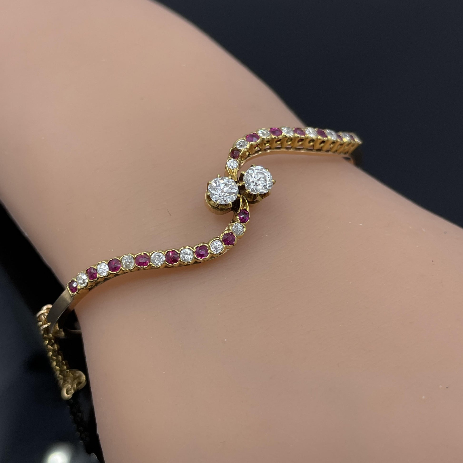 Antique Victorian Diamond & Ruby Bypass Bangle Bracelet 14k Rose Gold
