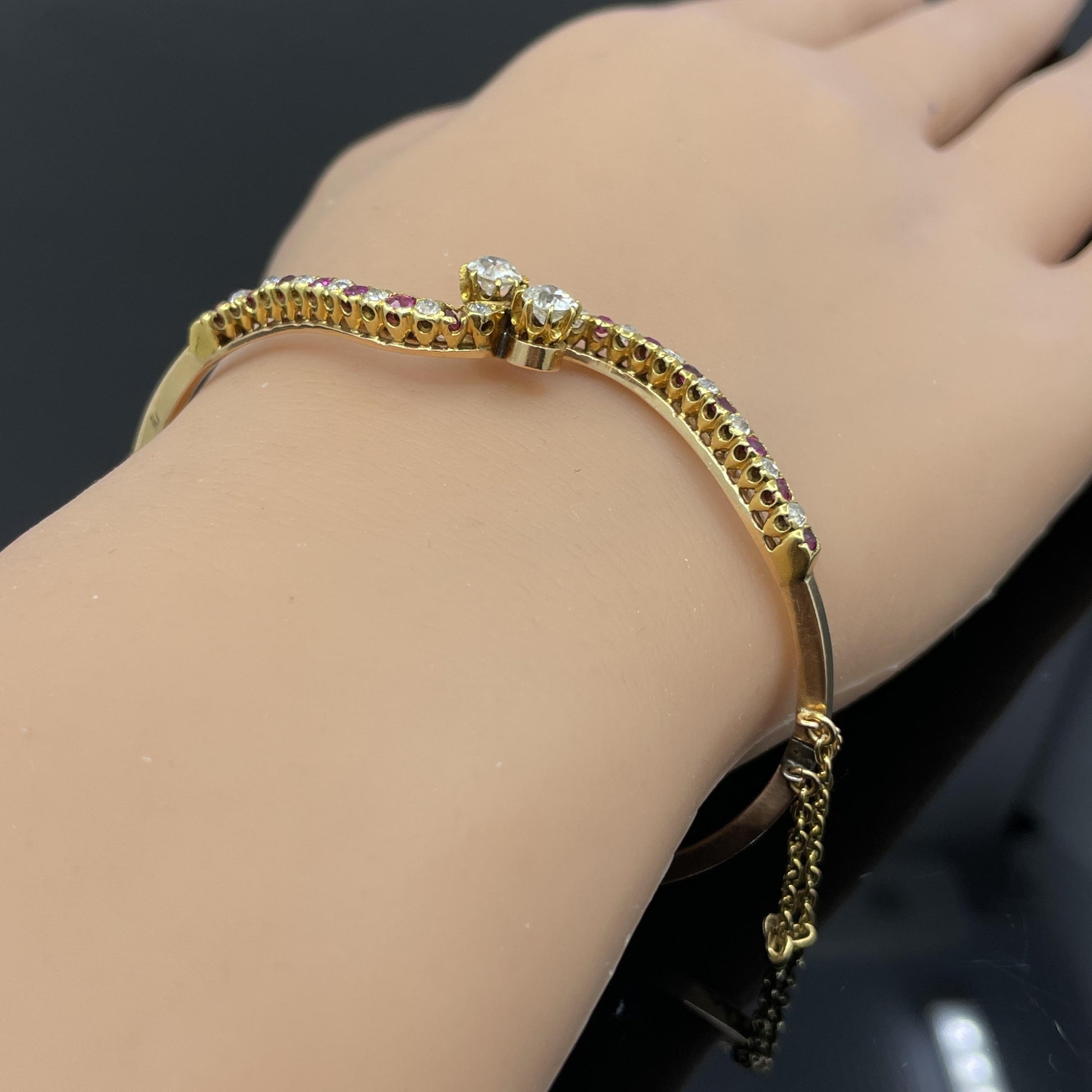 Antique Victorian Diamond & Ruby Bypass Bangle Bracelet 14k Rose Gold