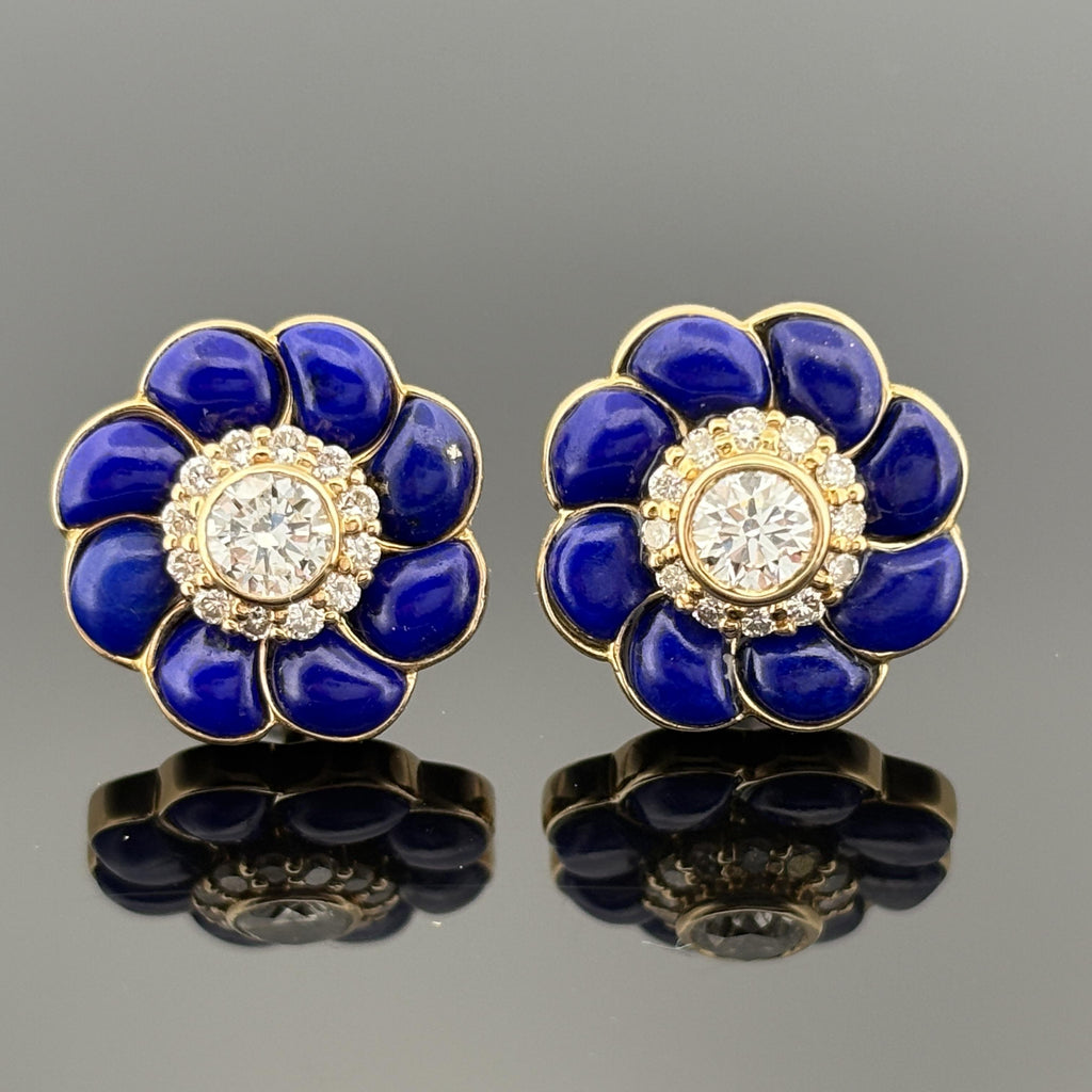 Diamond & Lapis Flower Stud Earrings 18k Yellow Gold