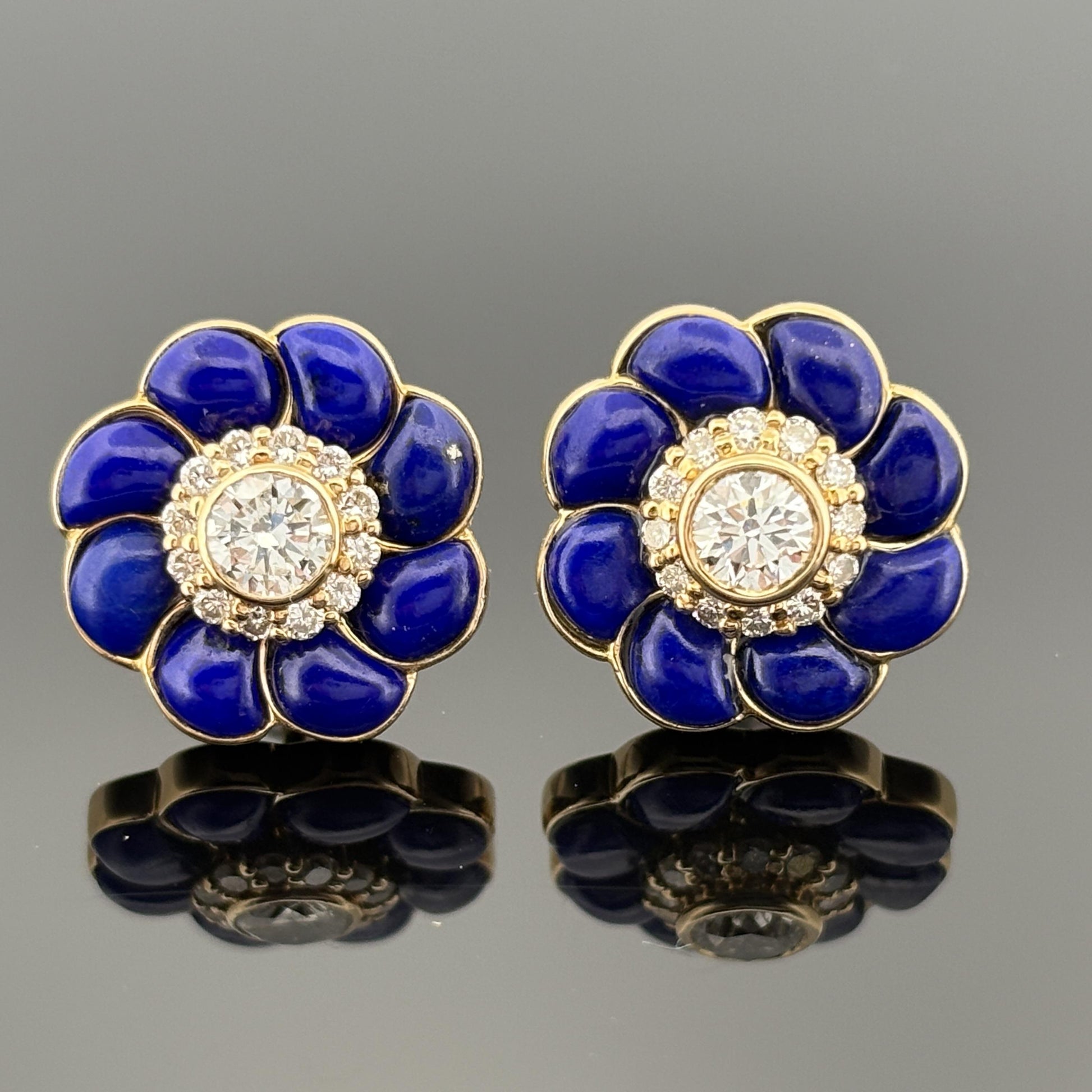 Diamond & Lapis Flower Stud Earrings 18k Yellow Gold