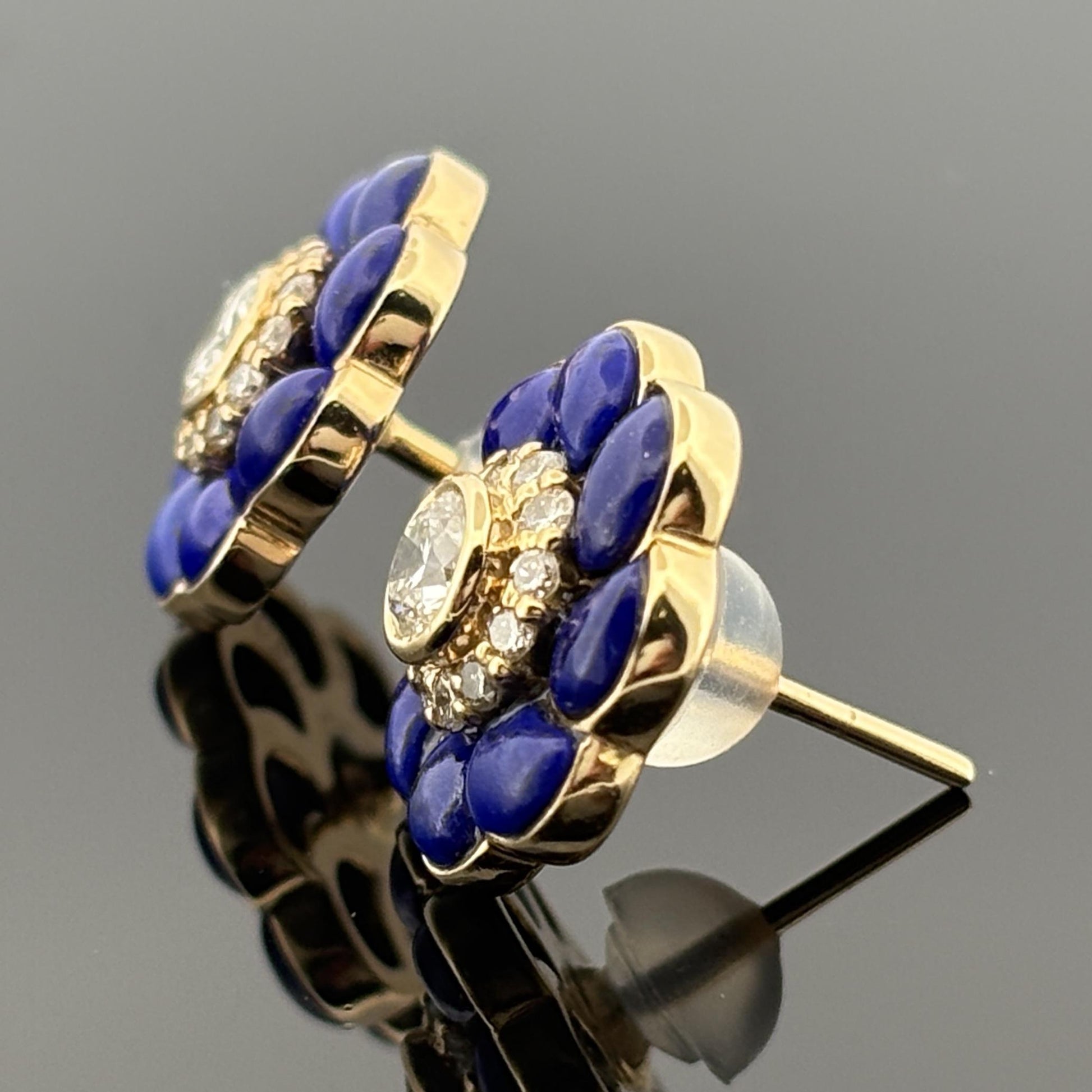 Diamond & Lapis Flower Stud Earrings 18k Yellow Gold