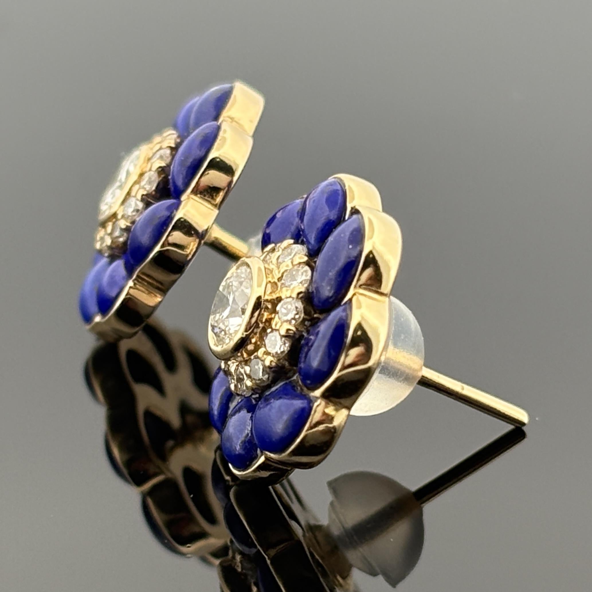 Diamond & Lapis Flower Stud Earrings 18k Yellow Gold
