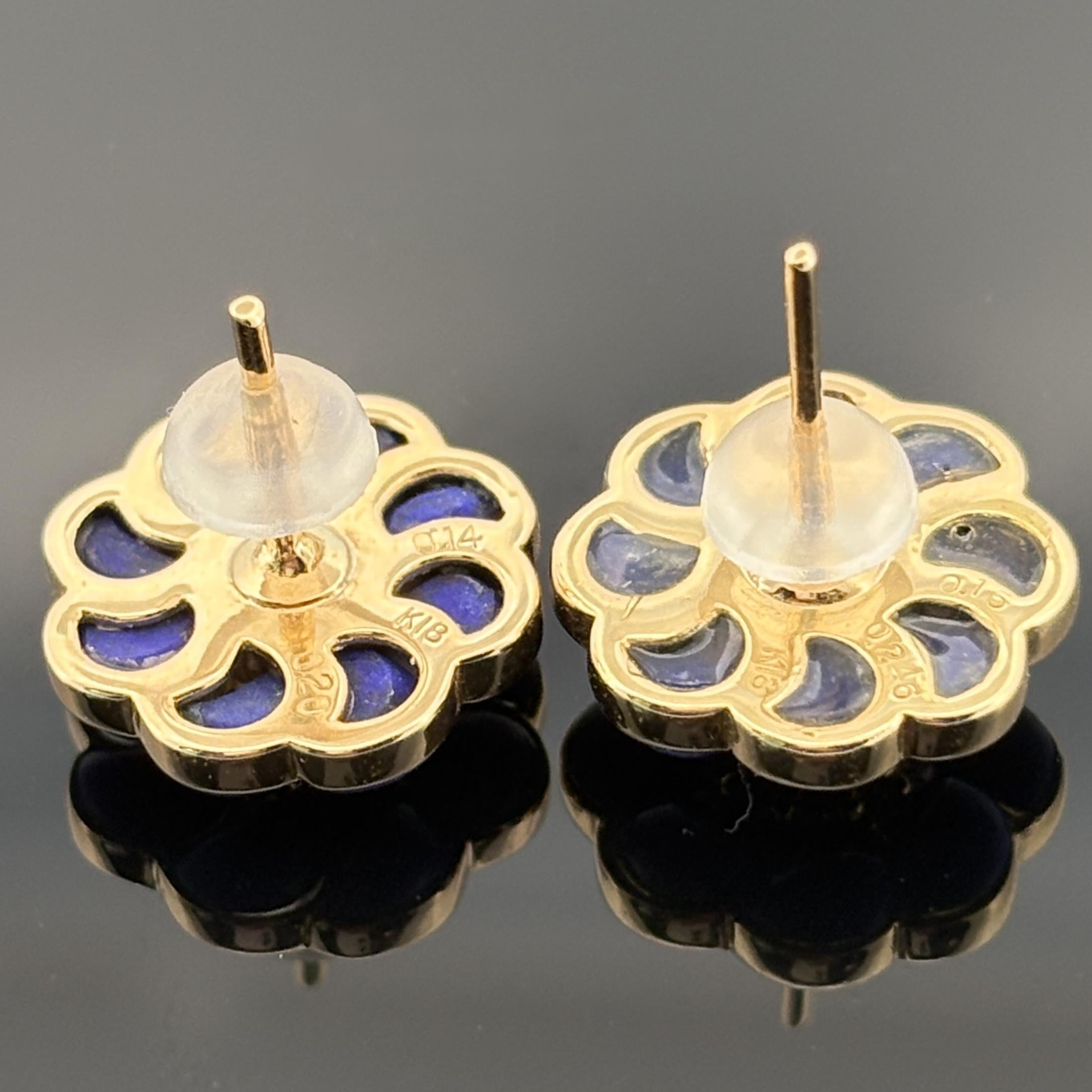 Diamond & Lapis Flower Stud Earrings 18k Yellow Gold