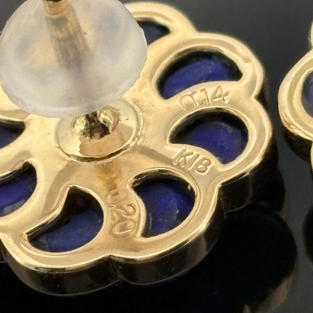 Diamond & Lapis Flower Stud Earrings 18k Yellow Gold