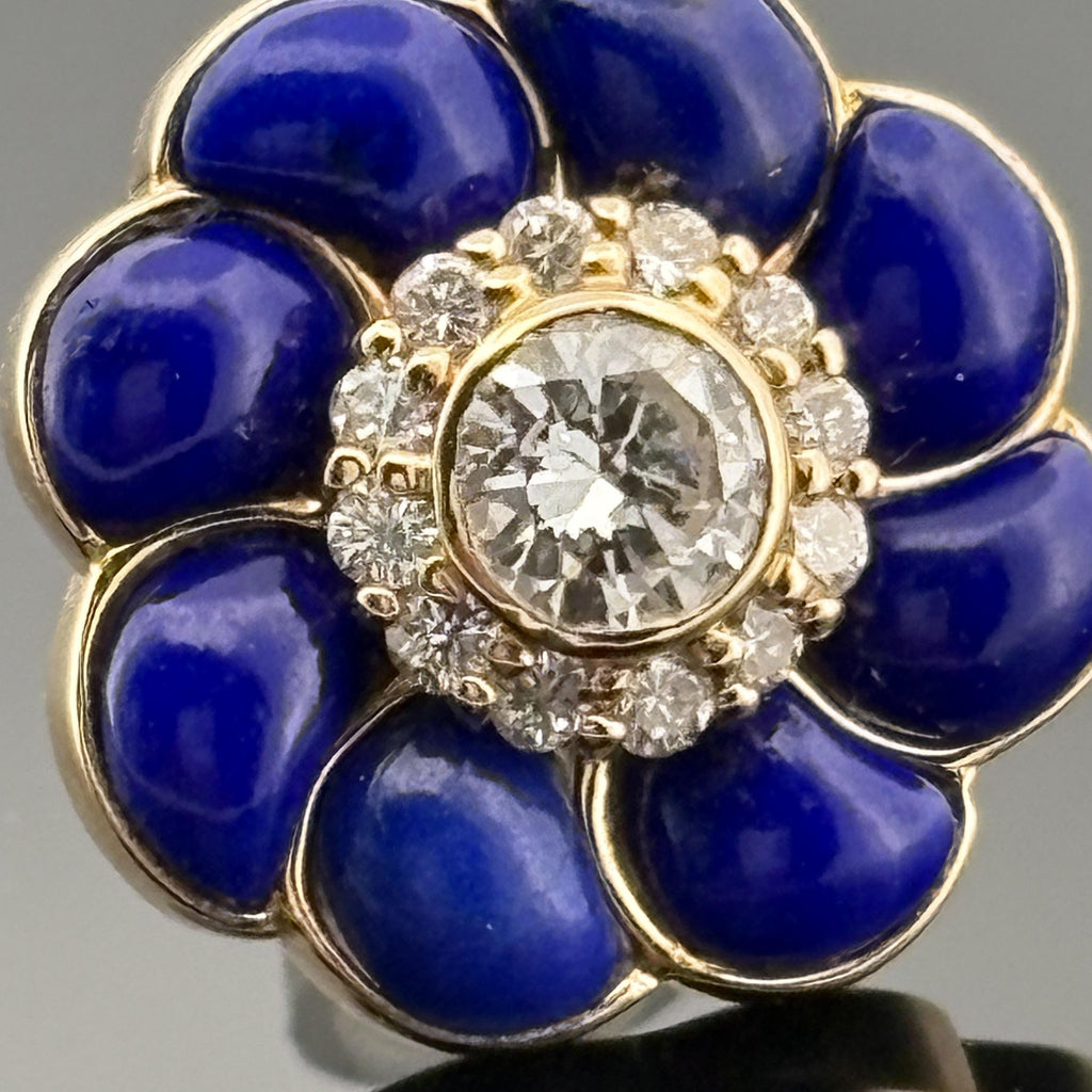 Diamond & Lapis Flower Stud Earrings 18k Yellow Gold