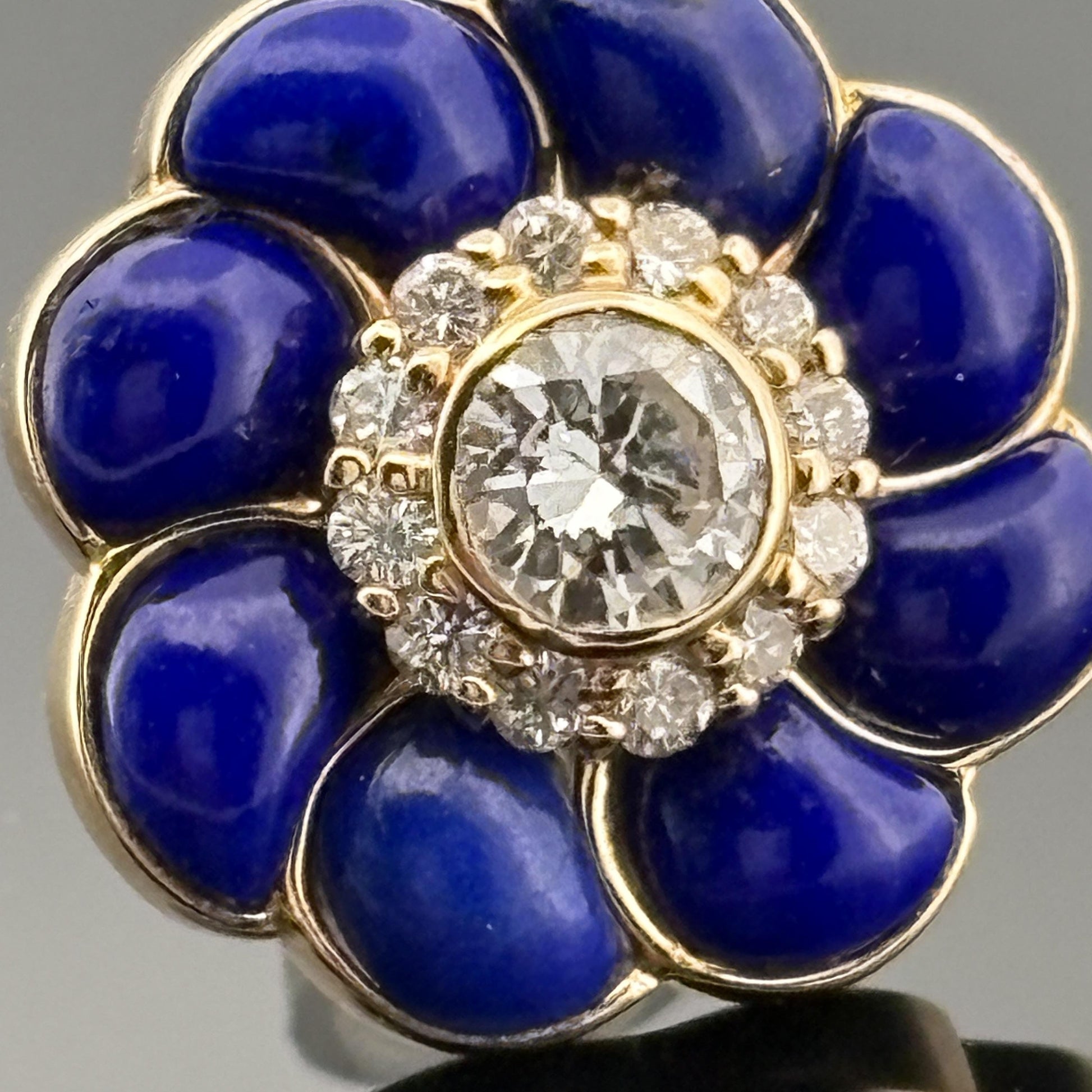Diamond & Lapis Flower Stud Earrings 18k Yellow Gold
