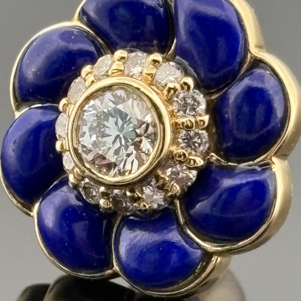 Diamond & Lapis Flower Stud Earrings 18k Yellow Gold
