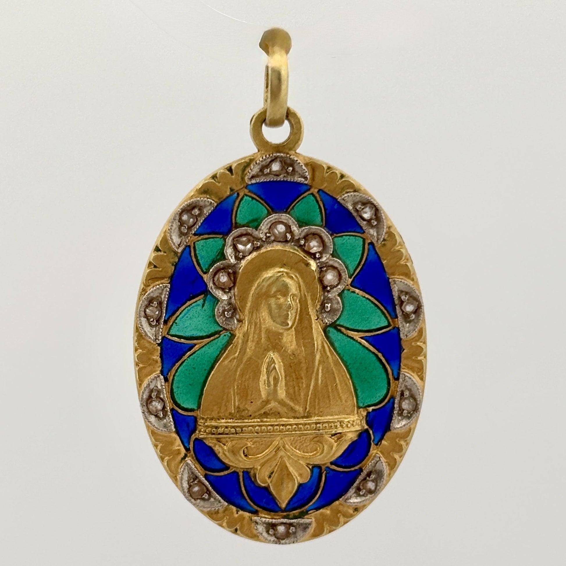 Antique Plique-a-Jour Virgin Mary Madonna Medal Pendant 18k Yellow Gold