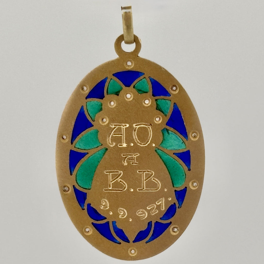 Antique Plique-a-Jour Virgin Mary Madonna Medal Pendant 18k Yellow Gold