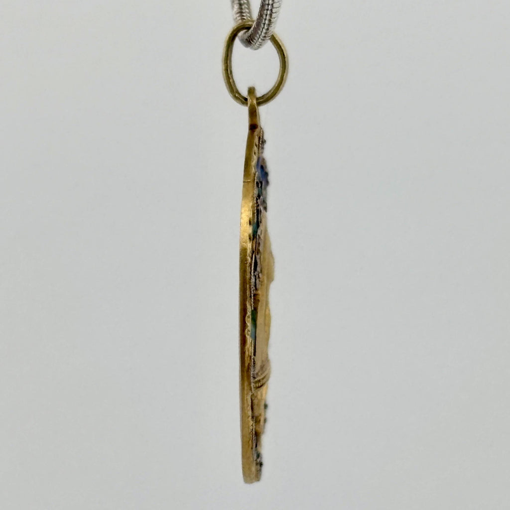 Antique Plique-a-Jour Virgin Mary Madonna Medal Pendant 18k Yellow Gold