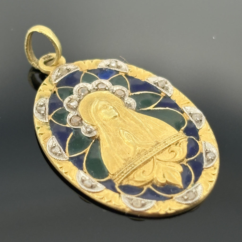 Antique Plique-a-Jour Virgin Mary Madonna Medal Pendant 18k Yellow Gold